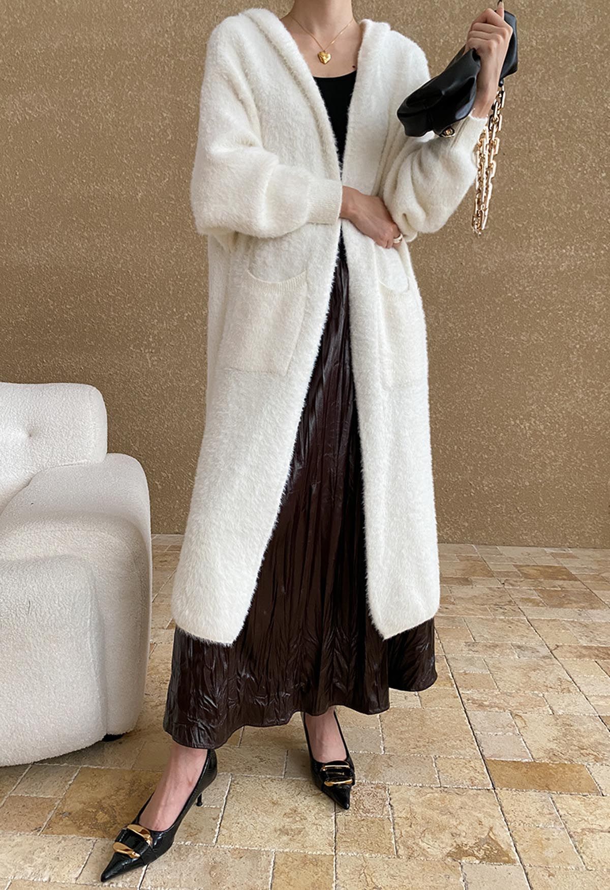 Fluffy Open Front Hooded Longline Knit Cardigan in White