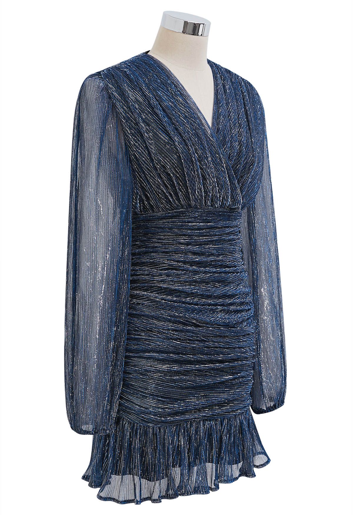 Elegant Sparkle Ruched Mesh Cocktail Dress in Navy