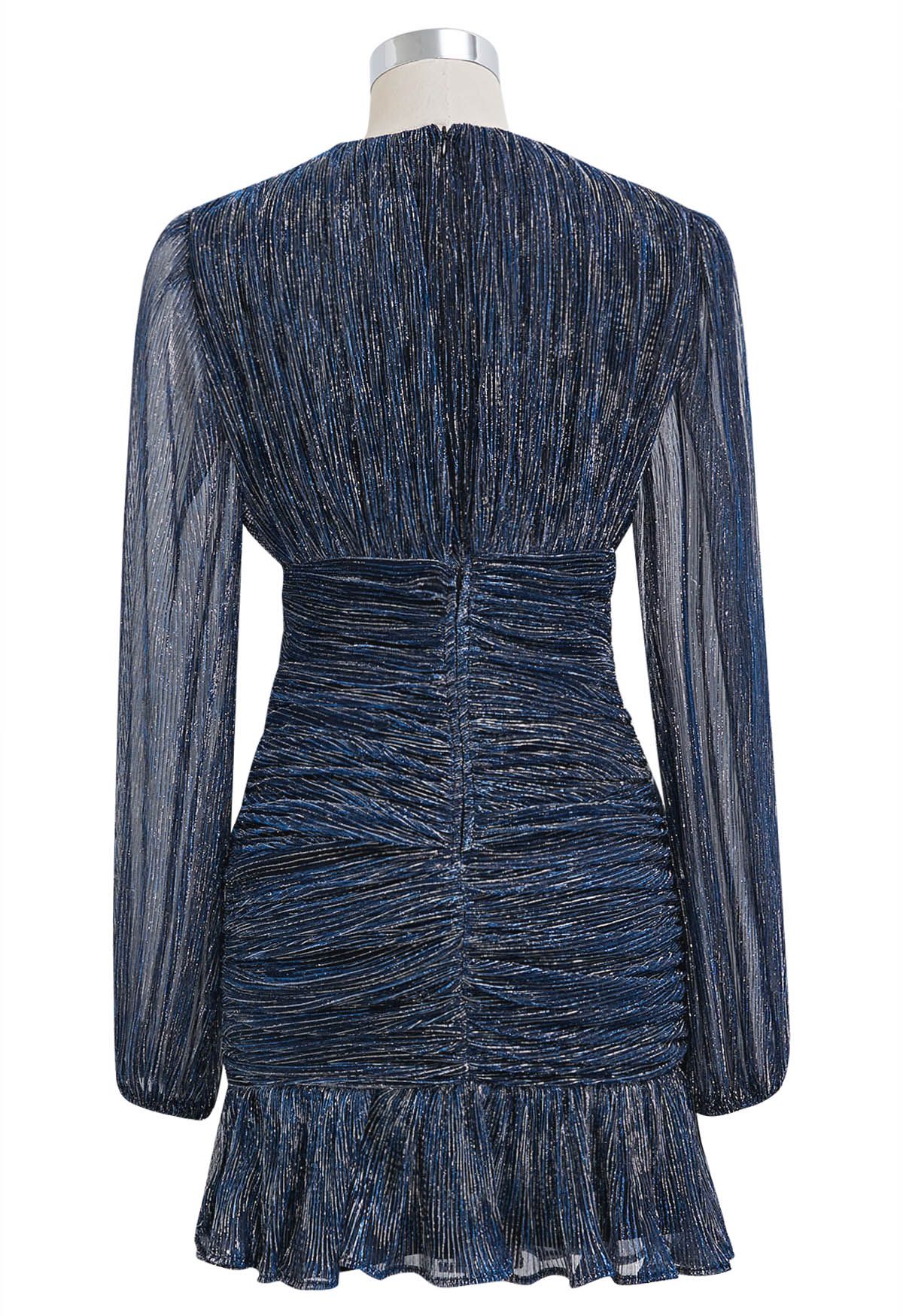 Elegant Sparkle Ruched Mesh Cocktail Dress in Navy