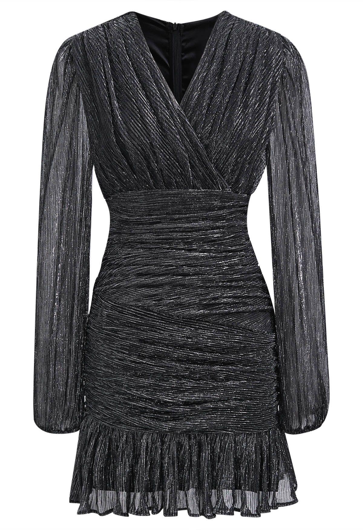 Elegant Sparkle Ruched Mesh Cocktail Dress in Black