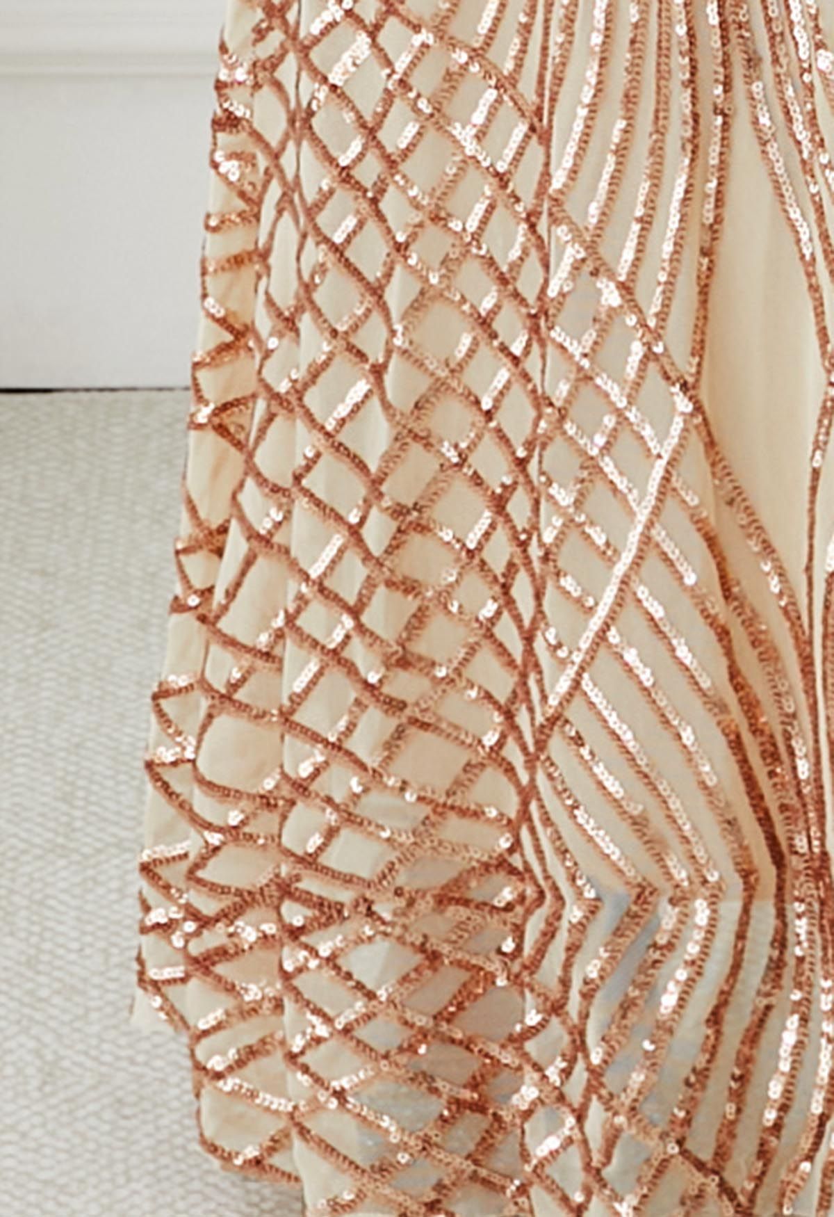 Opulent Geometry Sequin Mermaid Gown in Apricot