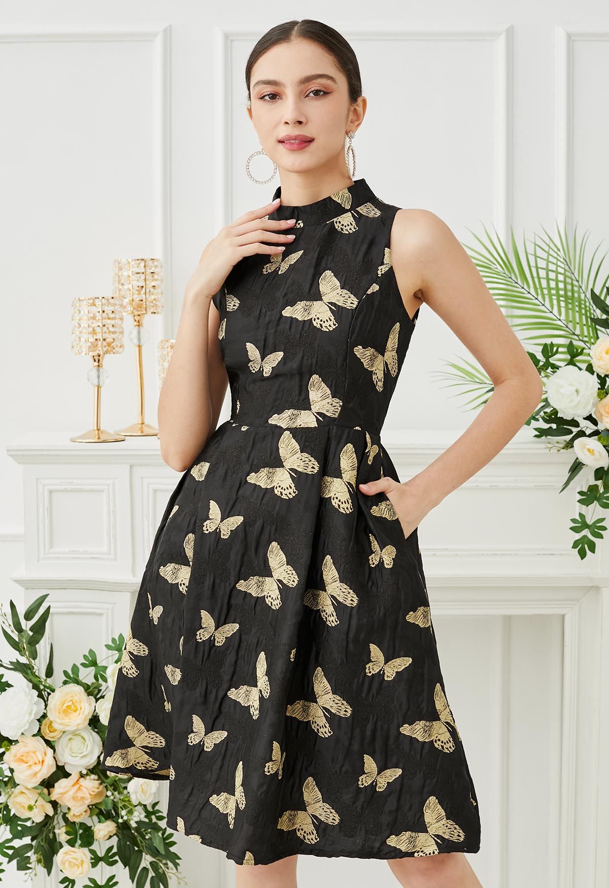 Exquisite Butterfly Jacquard Sleeveless Dress