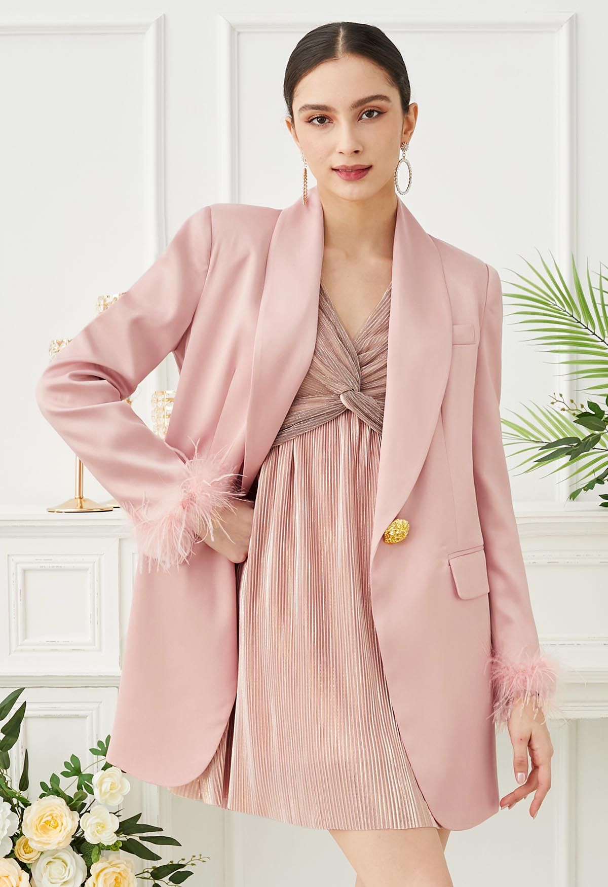 Feather Cuff Shawl Collar Satin Blazer