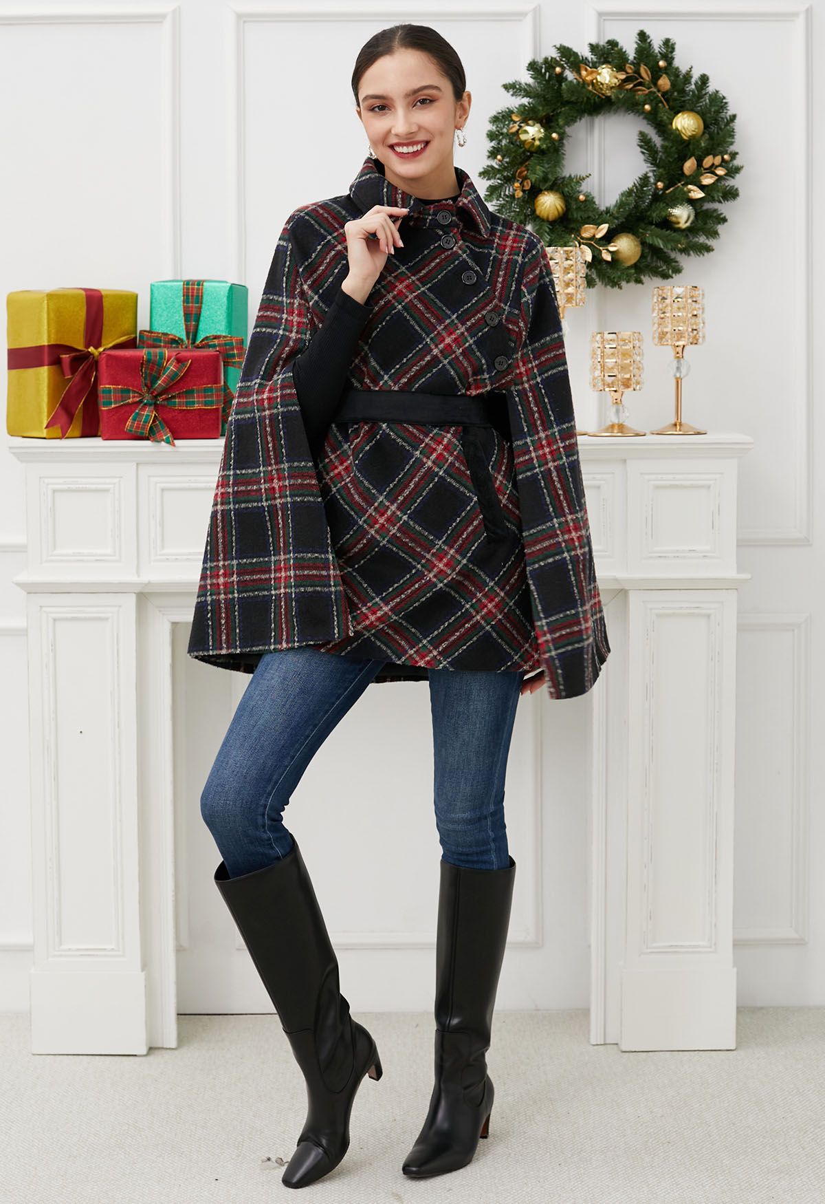 Button Wrap Tie Sash Tartan Cape Coat in Black