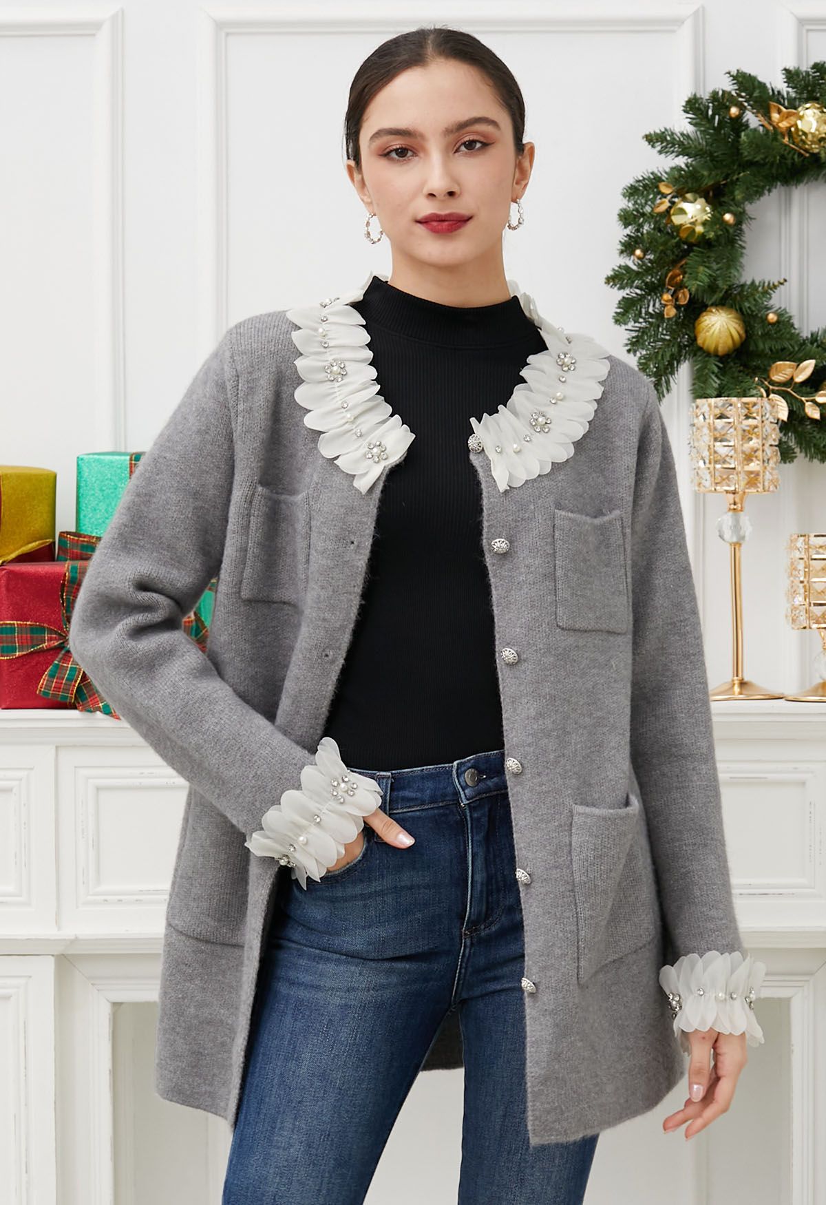 3D Petal Neckline Patch Pocket Knit Cardigan in Grey