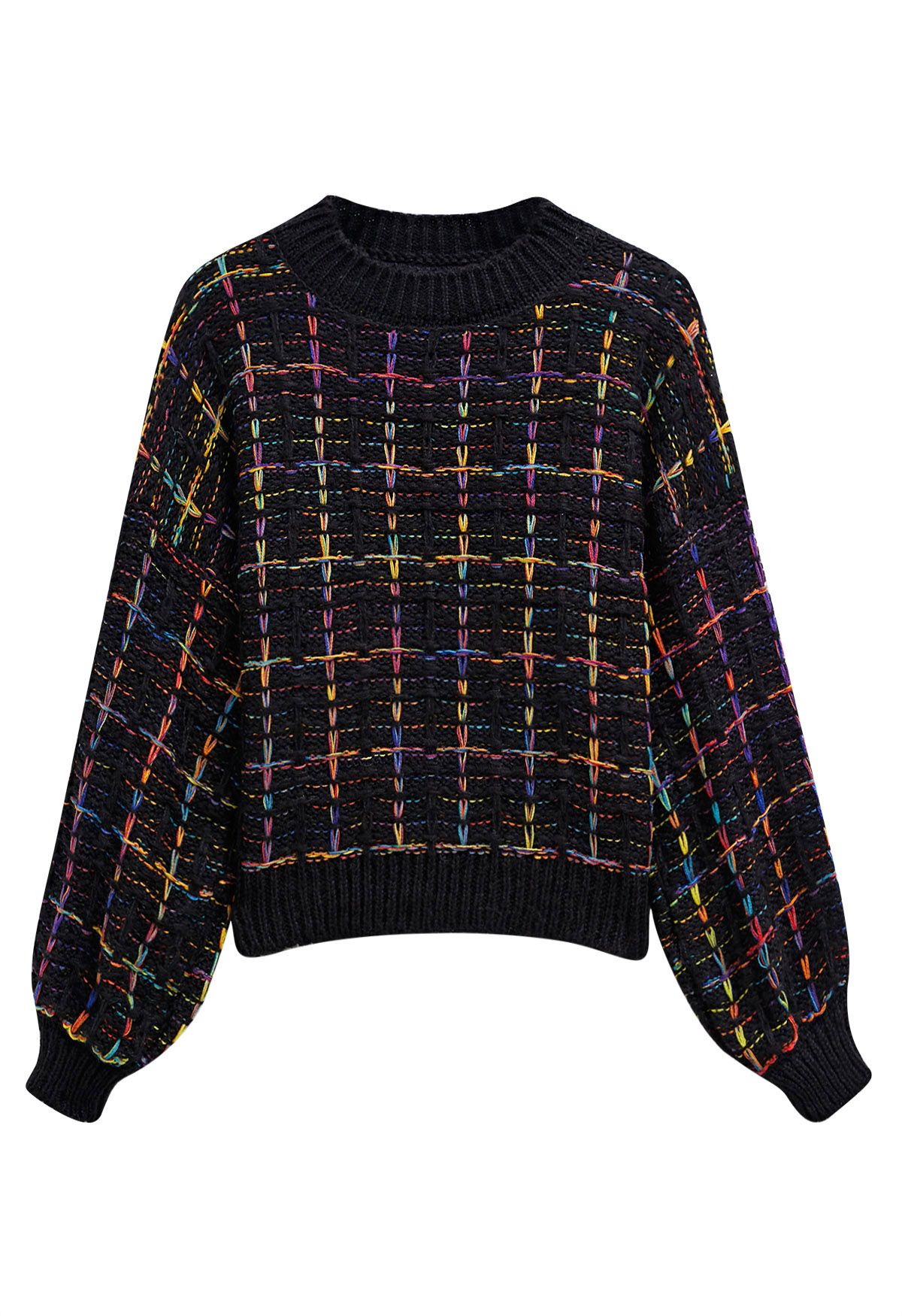 Color-Accented Grid Knit Sweater in Black