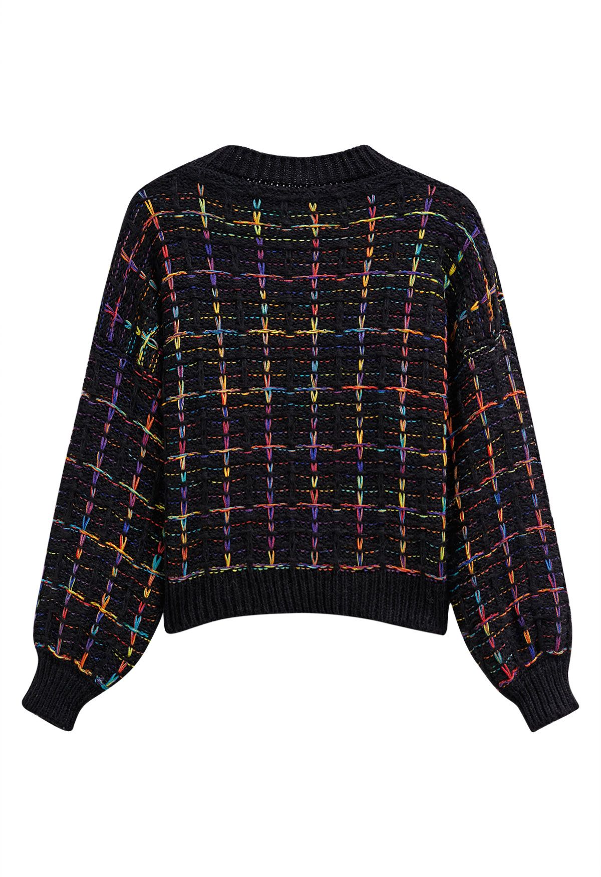 Color-Accented Grid Knit Sweater in Black