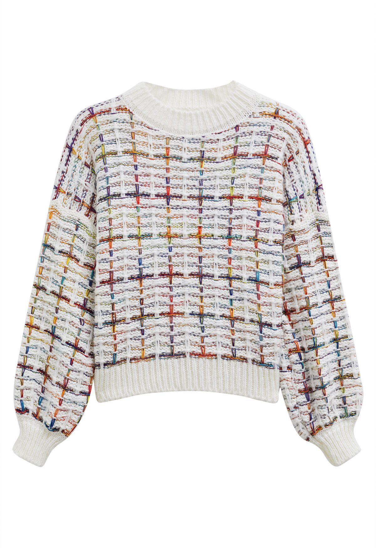 Color-Accented Grid Knit Sweater in White