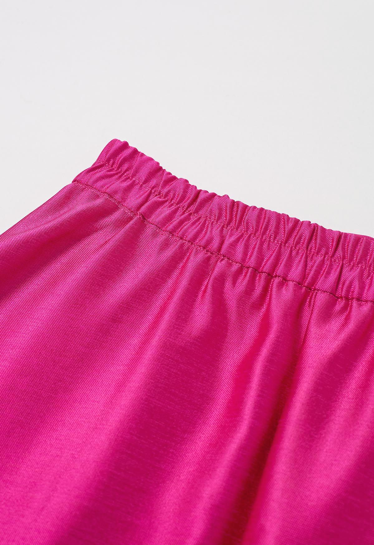 Sleek Side Pockets Pleated A-Line Midi Skirt in Hot Pink