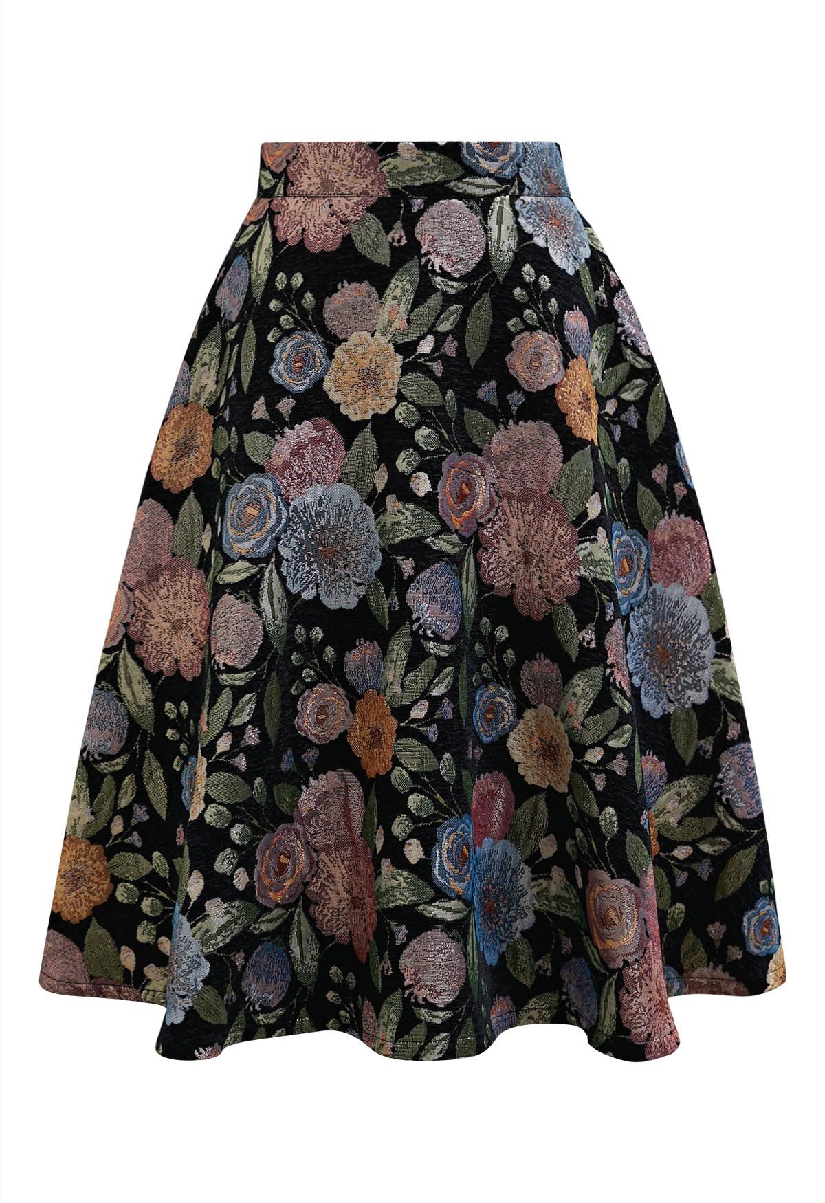 Fairy Garden Floral Jacquard A-Line Midi Skirt