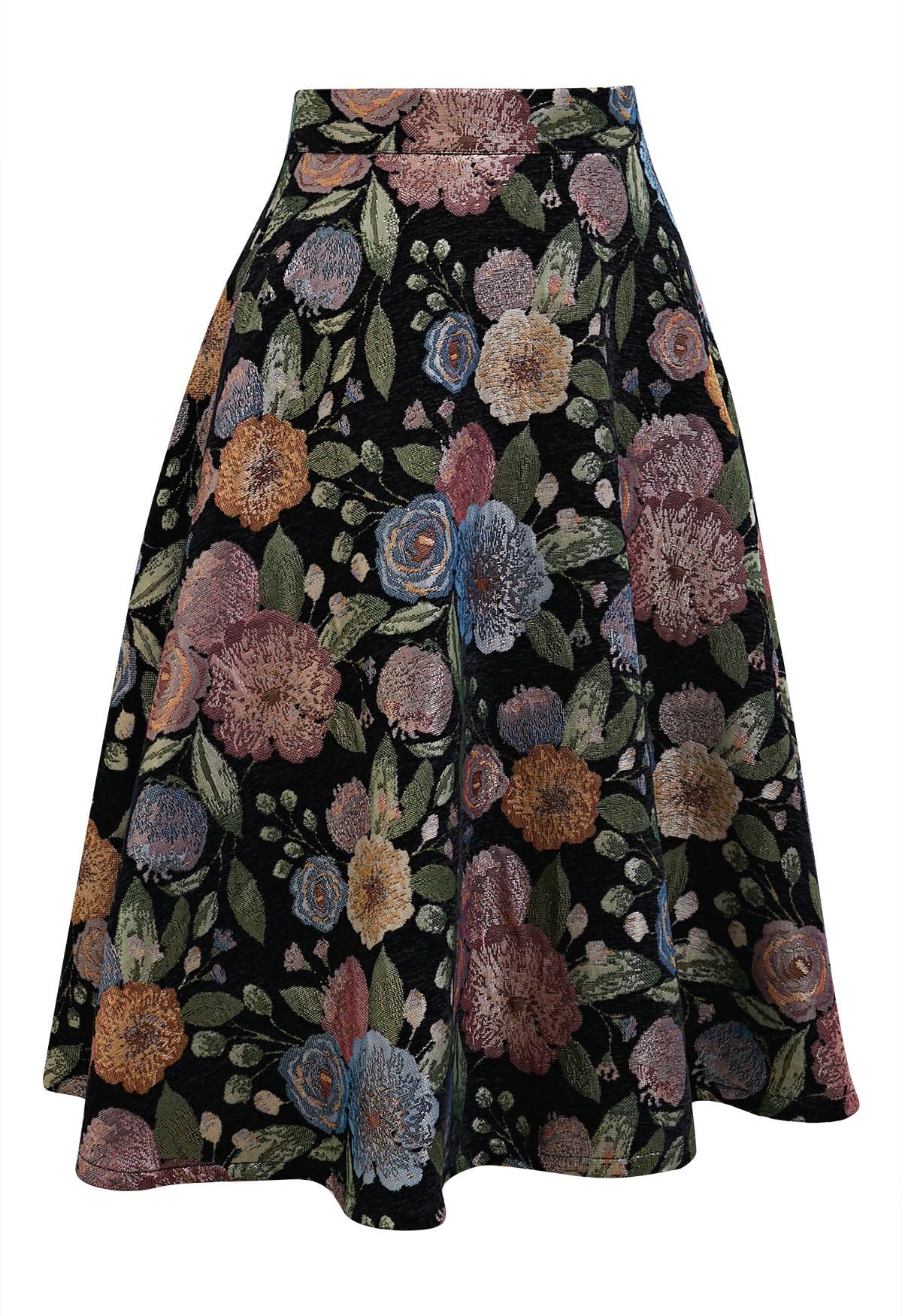 Fairy Garden Floral Jacquard A-Line Midi Skirt