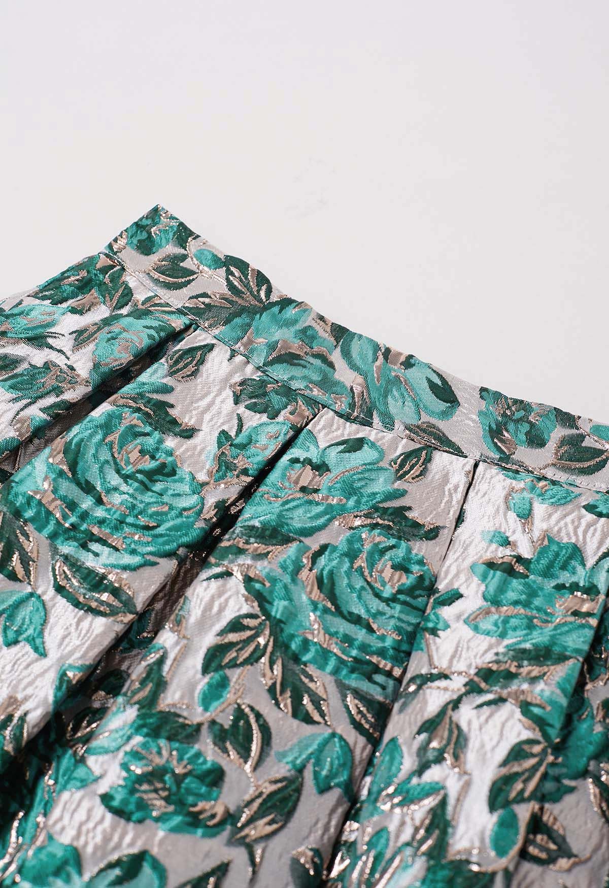 Teal Rose Embossed Jacquard A-Line Midi Skirt