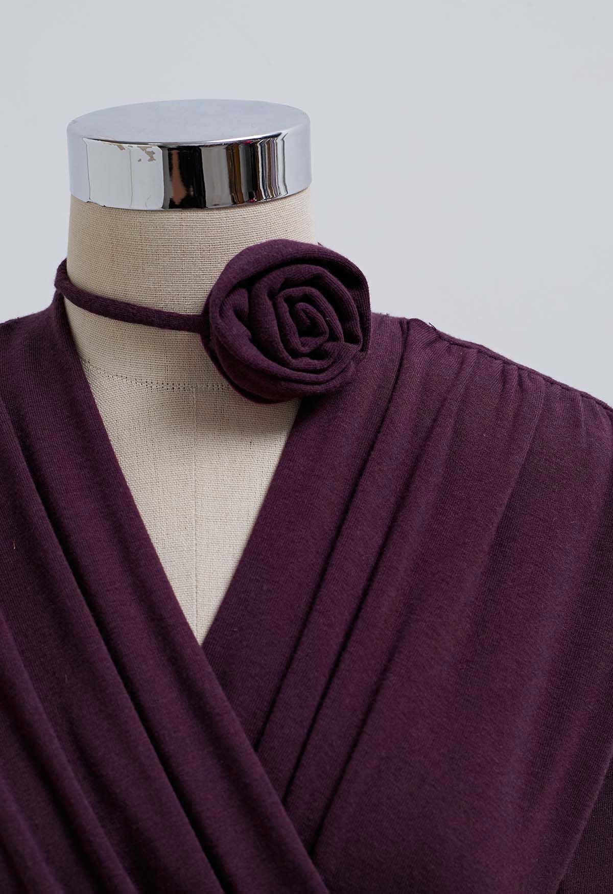 Faux-Wrap Ruched Top with Choker in Purple