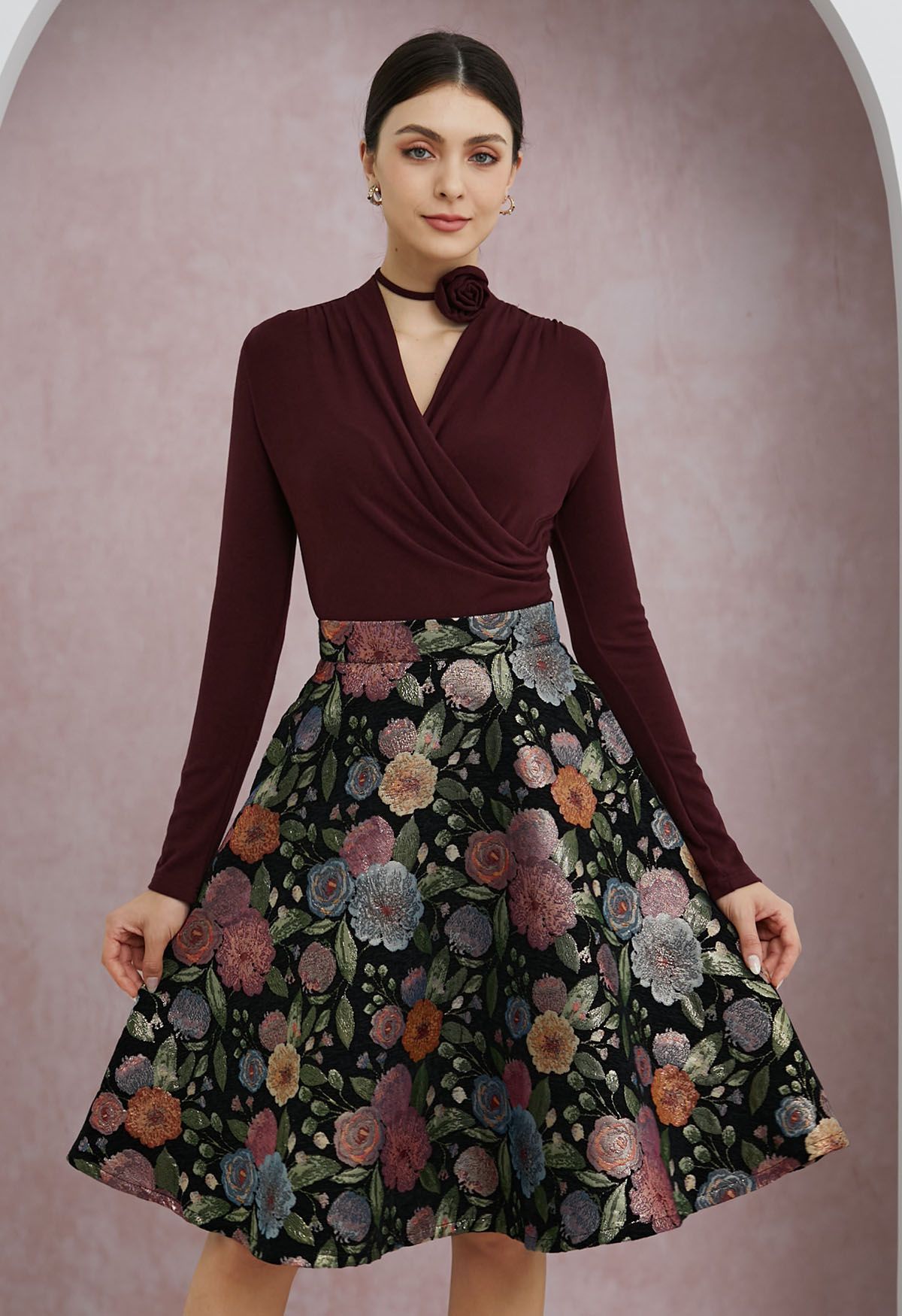 Fairy Garden Floral Jacquard A-Line Midi Skirt