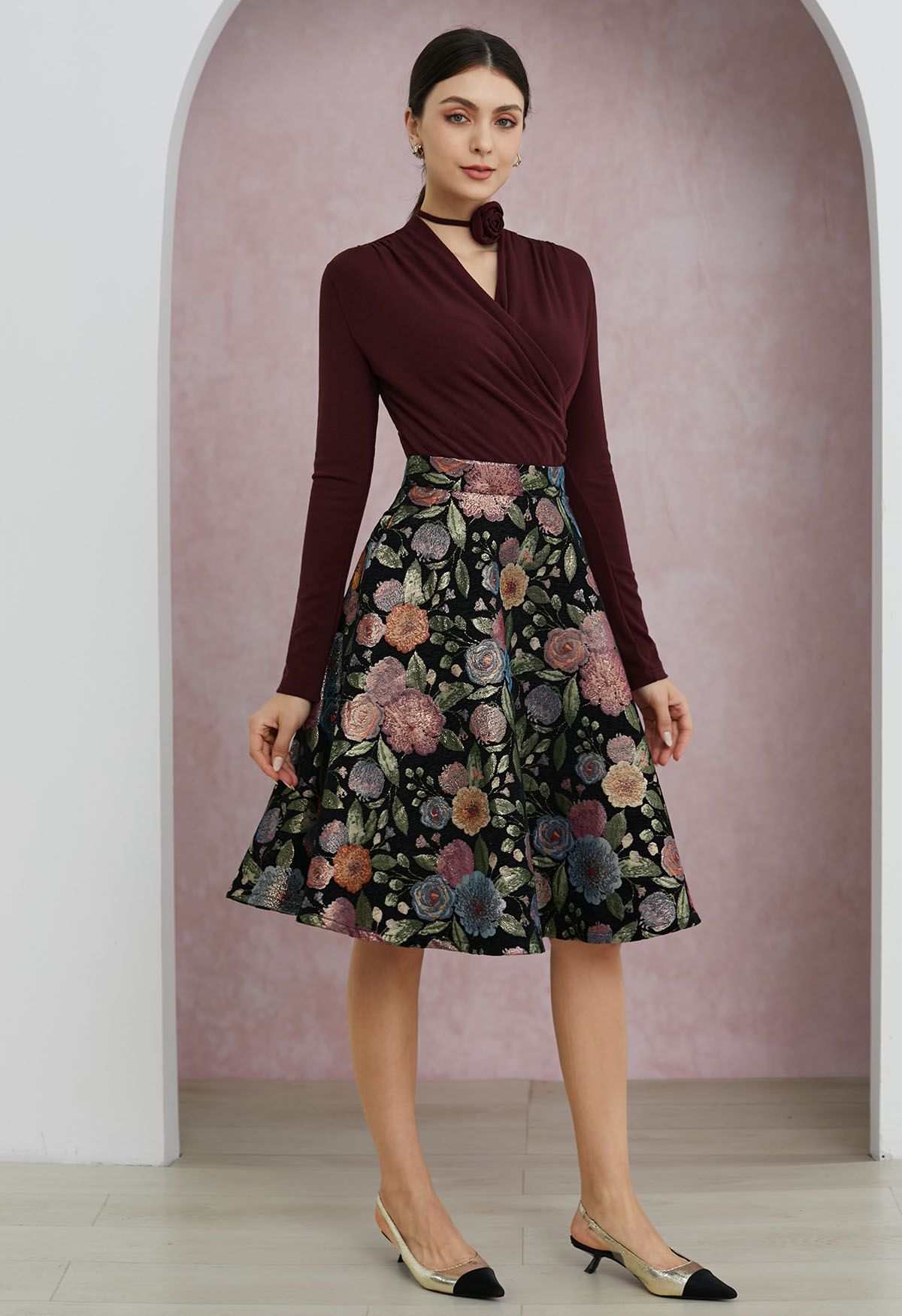 Fairy Garden Floral Jacquard A-Line Midi Skirt