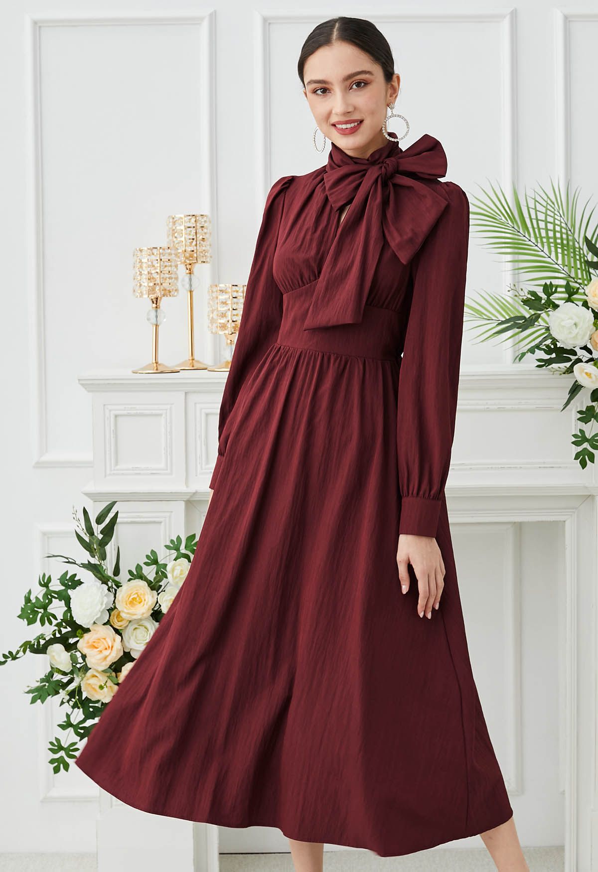 Stunning Bowknot Cutout Midi Dress in Burgundy