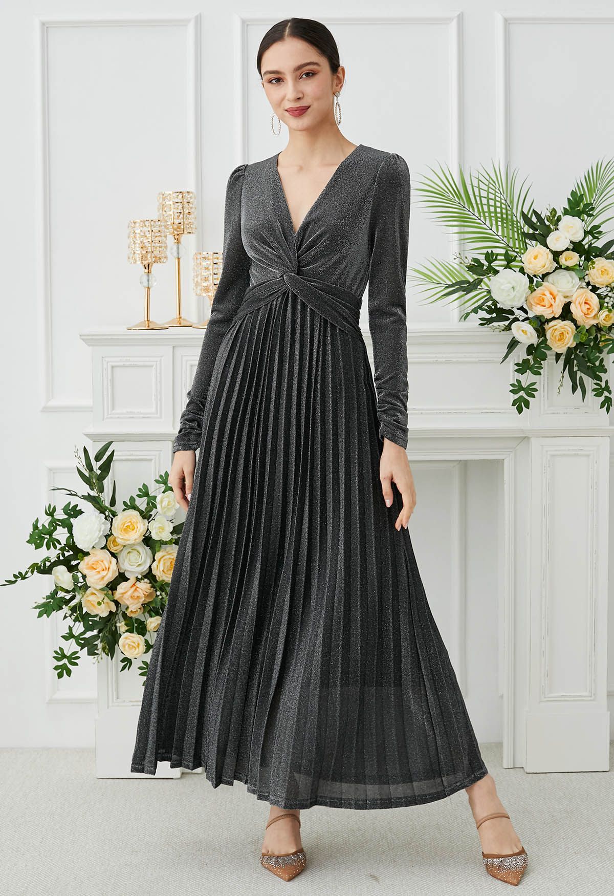 Glistening Twisted Front Pleated Maxi Dress in Smoke