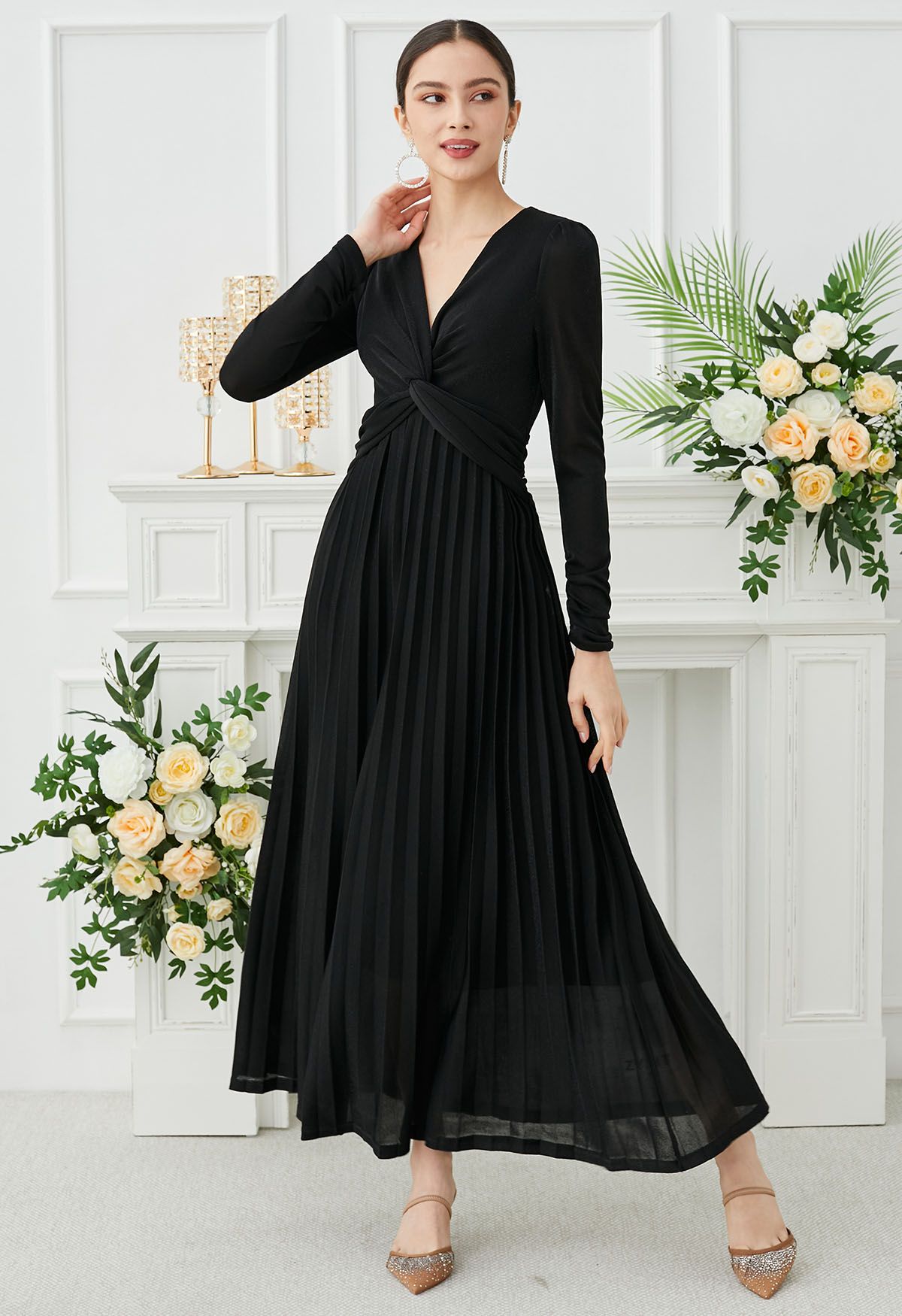 Glistening Twisted Front Pleated Maxi Dress in Black