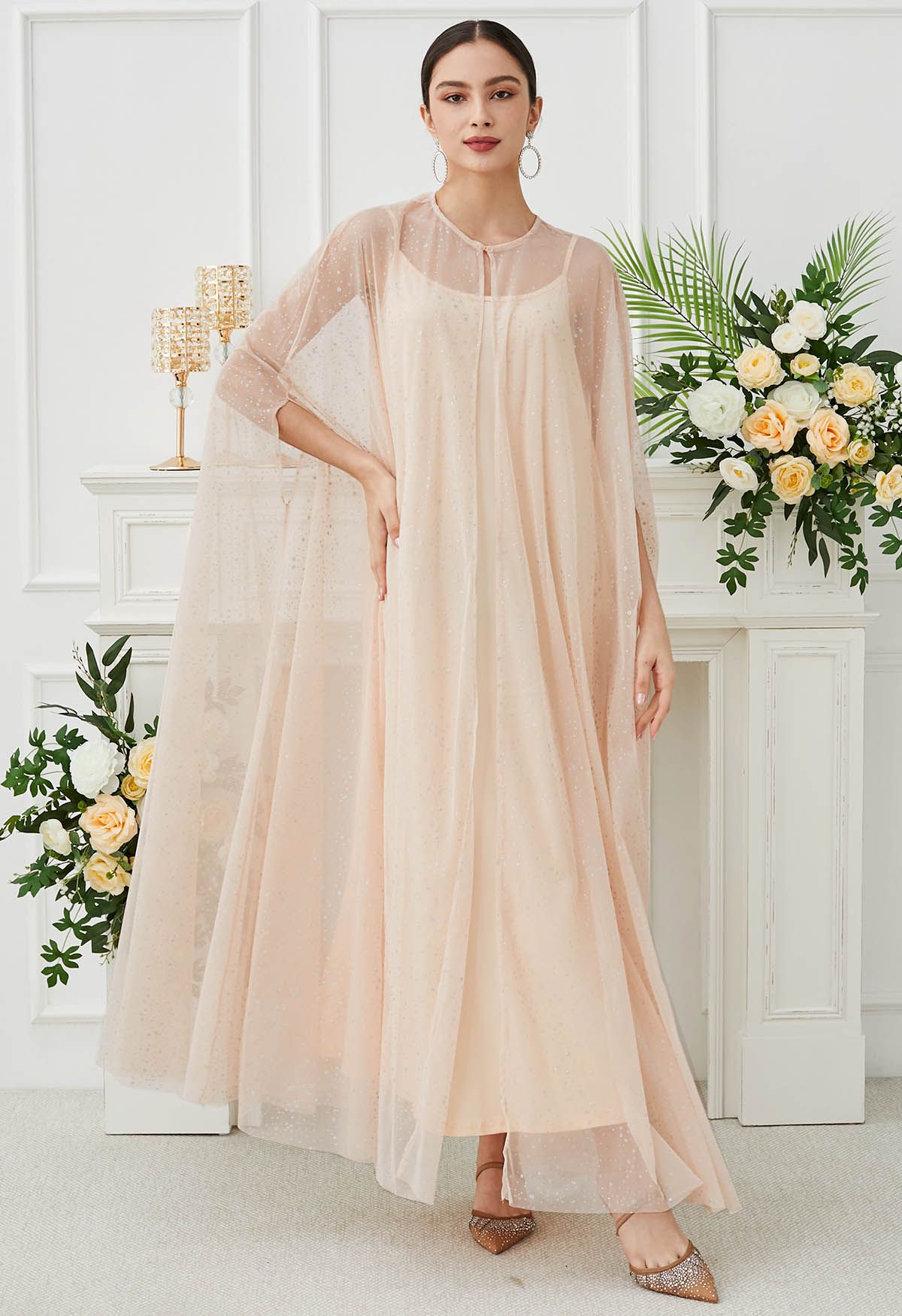 Glittery Mesh Maxi Cape Dress in Apricot