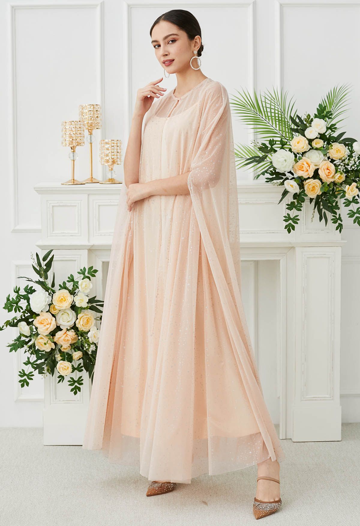 Glittery Mesh Maxi Cape Dress in Apricot