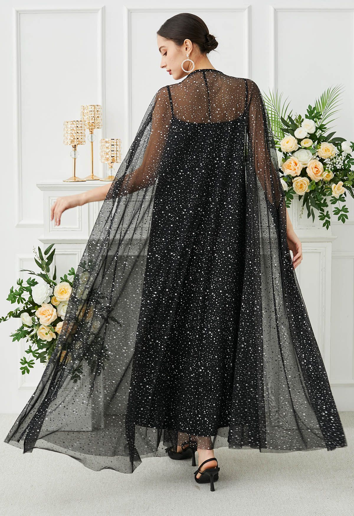 Glittery Mesh Maxi Cape Dress in Black