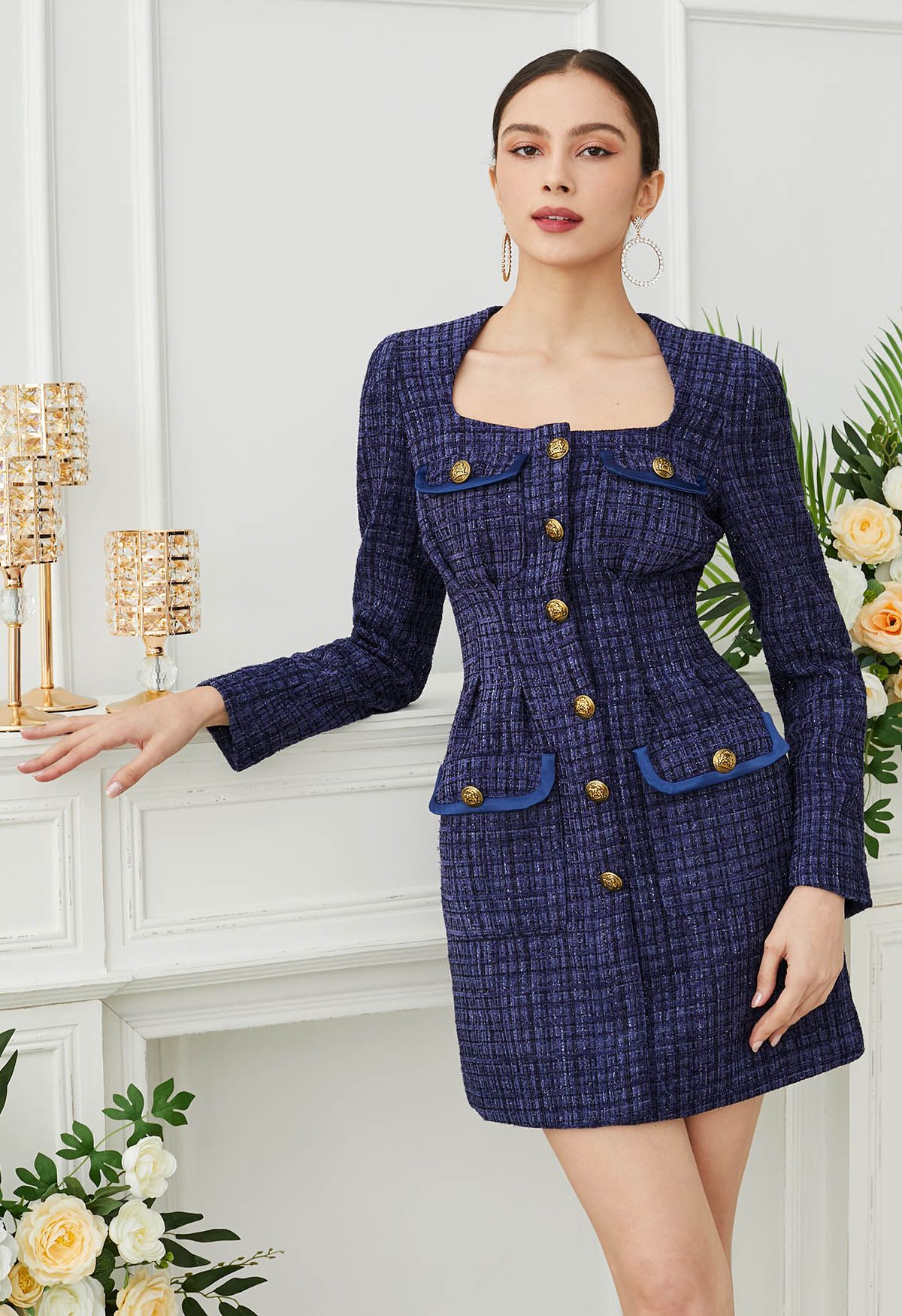 Polished Button Flap Pocket Tweed Mini Dress