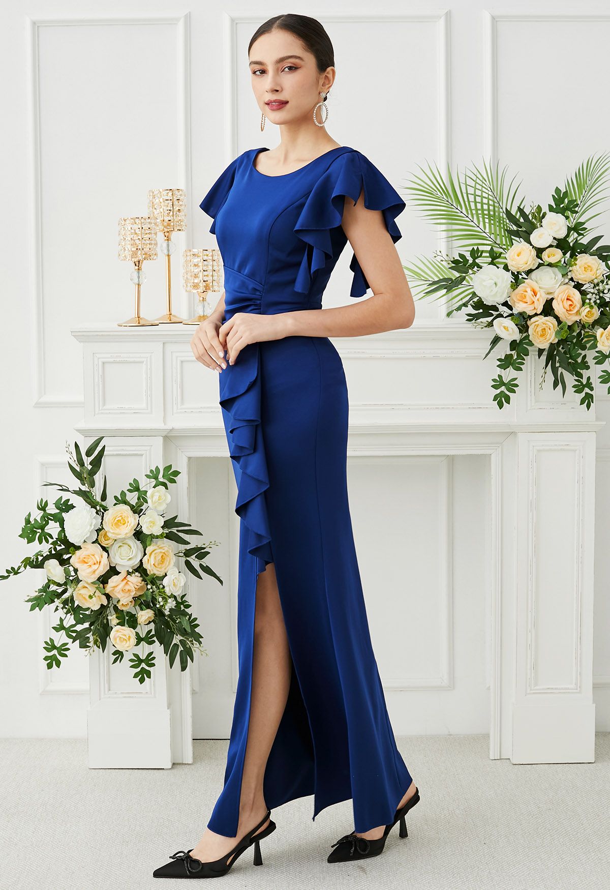 Cascade Ruffle Split Front Sleek Gown in Navy