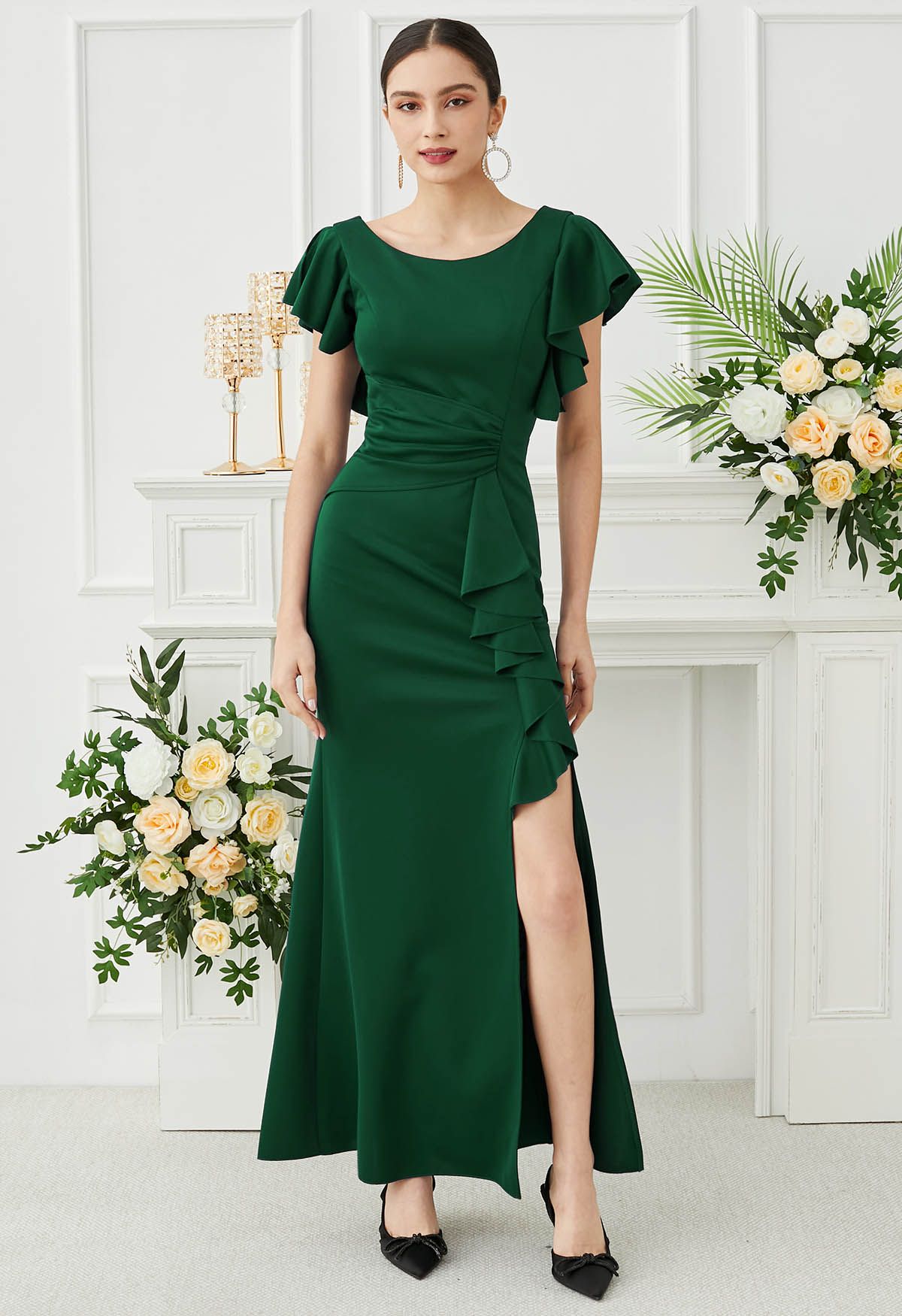 Cascade Ruffle Split Front Sleek Gown in Dark Green