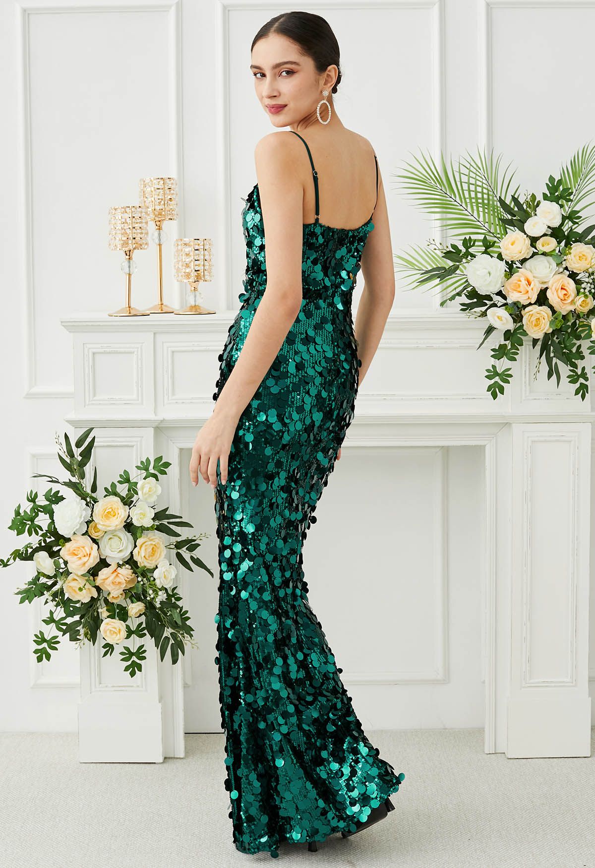 Deep V-Neck Sequin Mermaid Cami Gown in Emerald