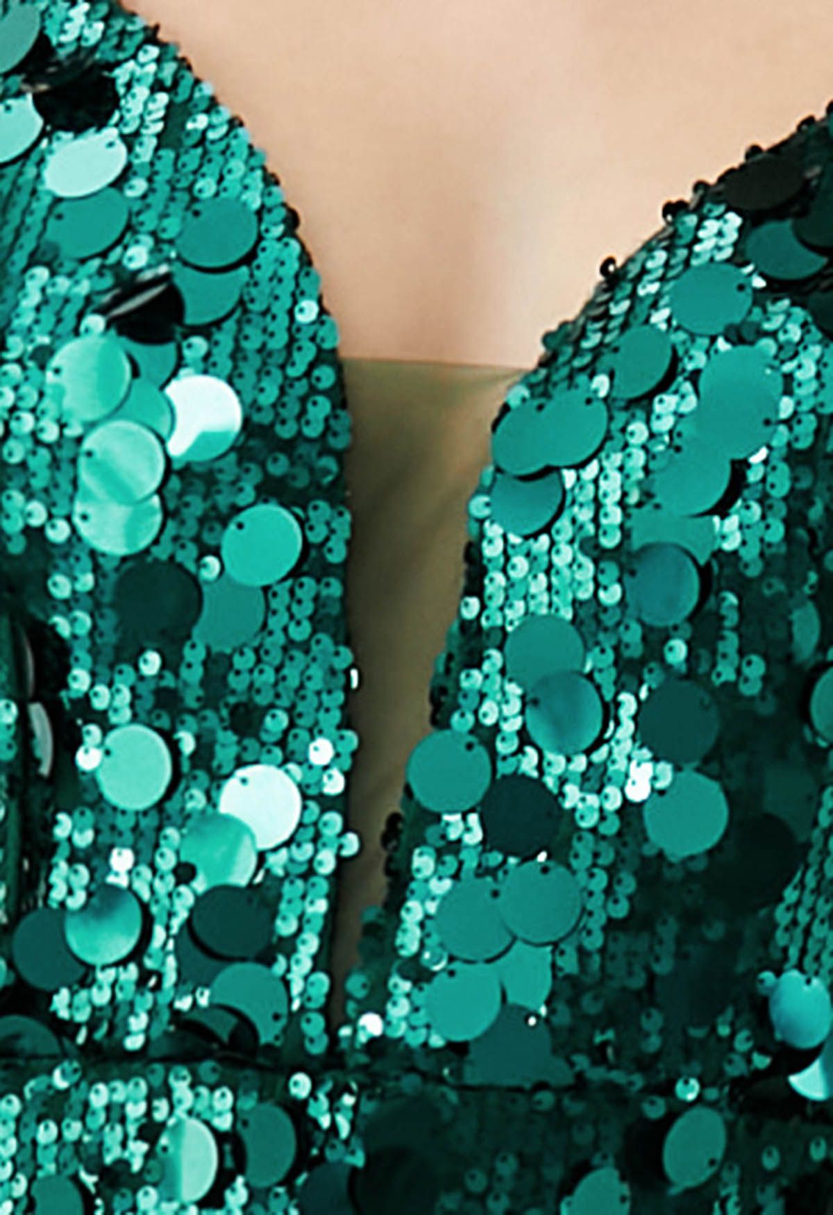 Deep V-Neck Sequin Mermaid Cami Gown in Emerald