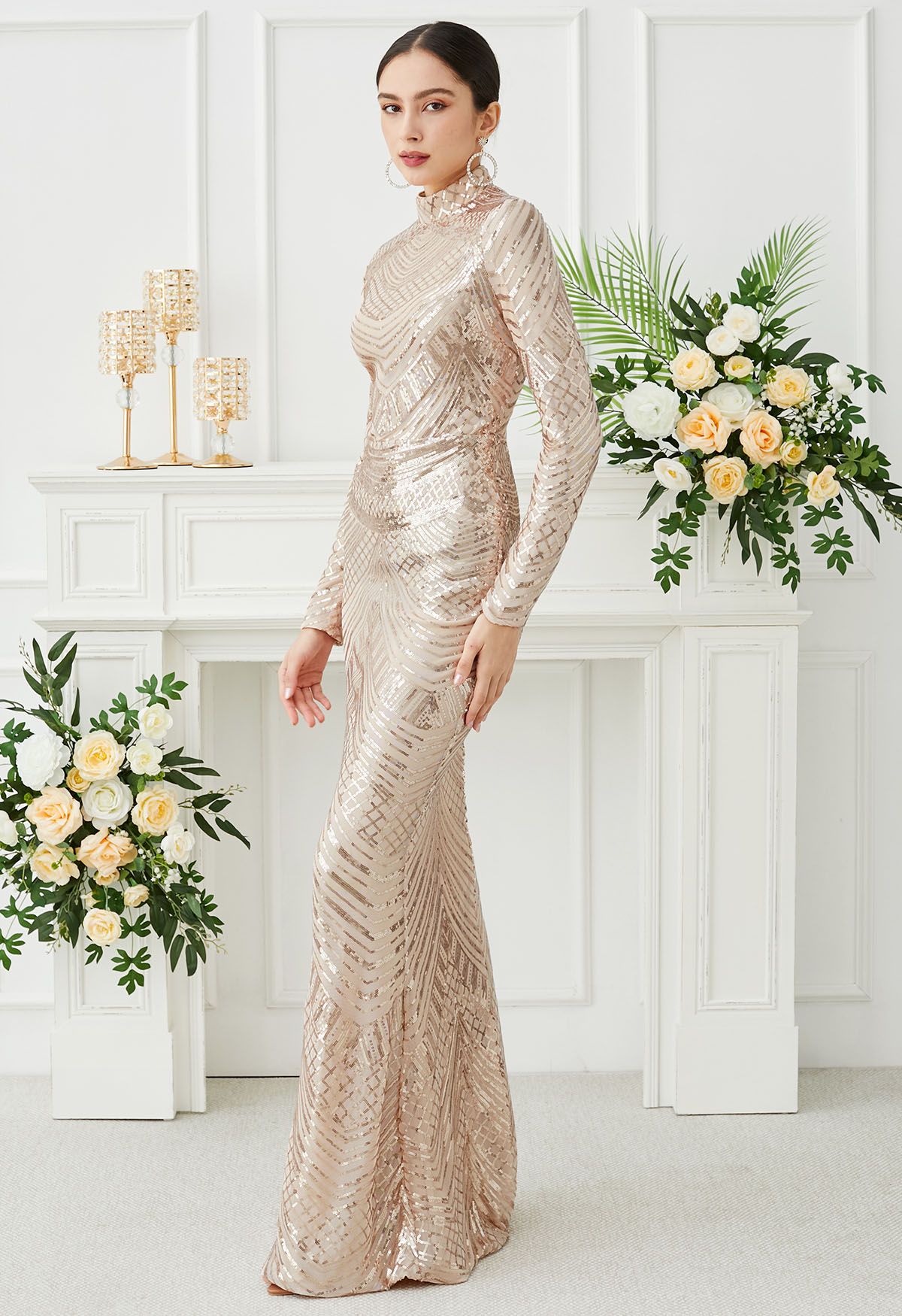 Geometric Sequin Mock Neck Mermaid Gown in Apricot