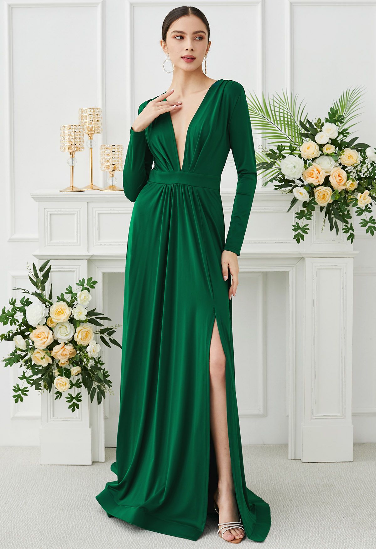 Deep V-Neck Front Split Maxi Gown in Green