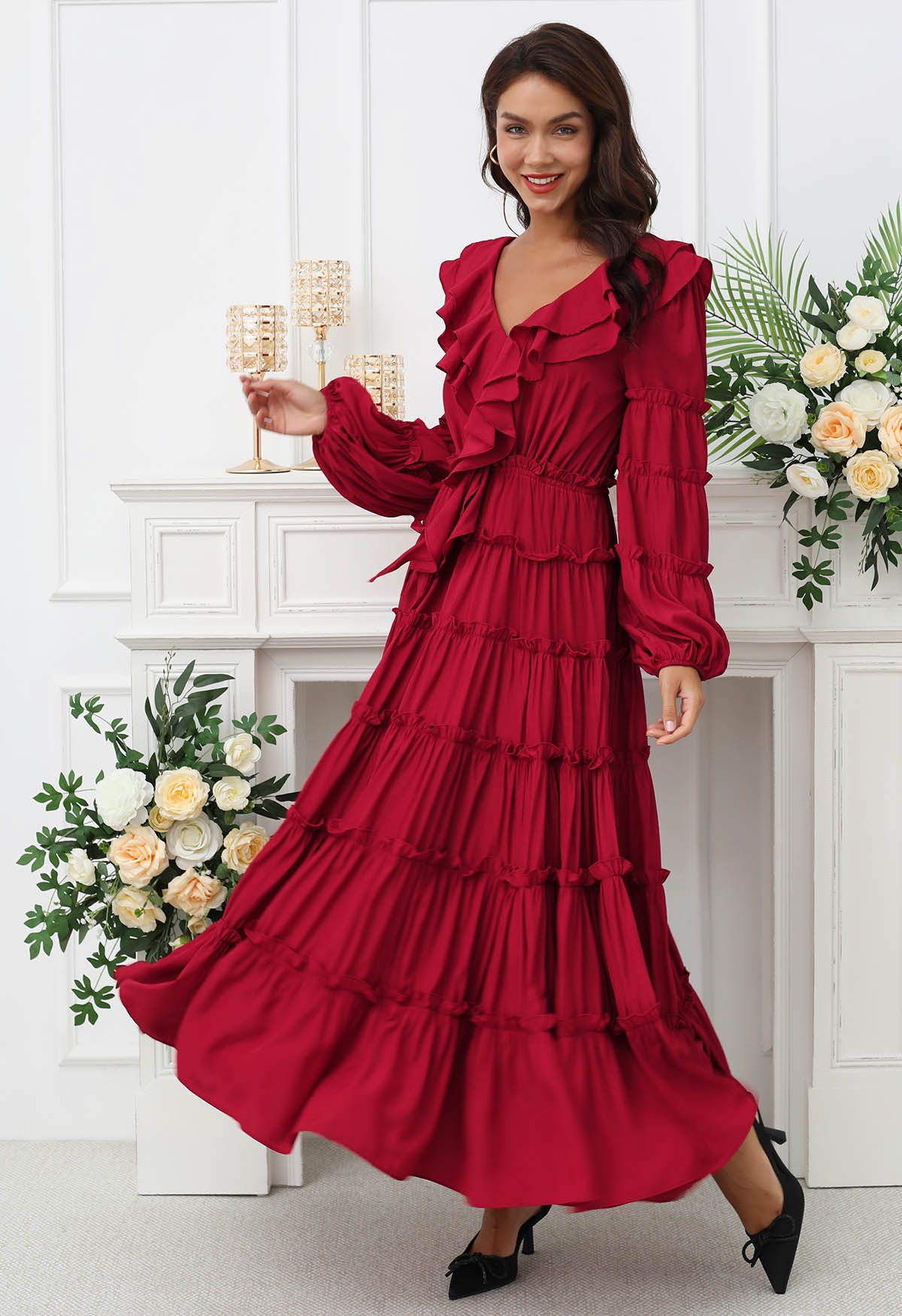 Dramatic Tiered Ruffles V-Neck Maxi Dress in Red