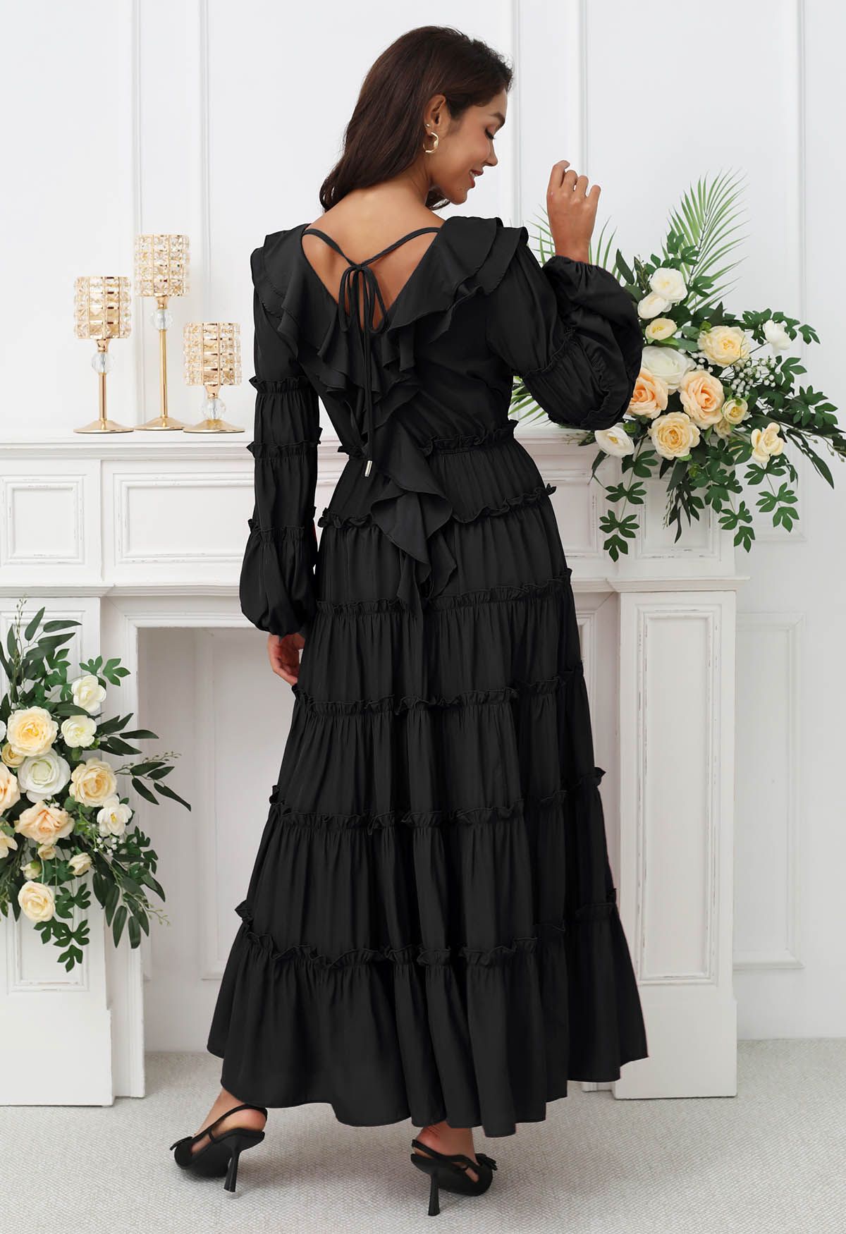 Dramatic Tiered Ruffles V-Neck Maxi Dress in Black