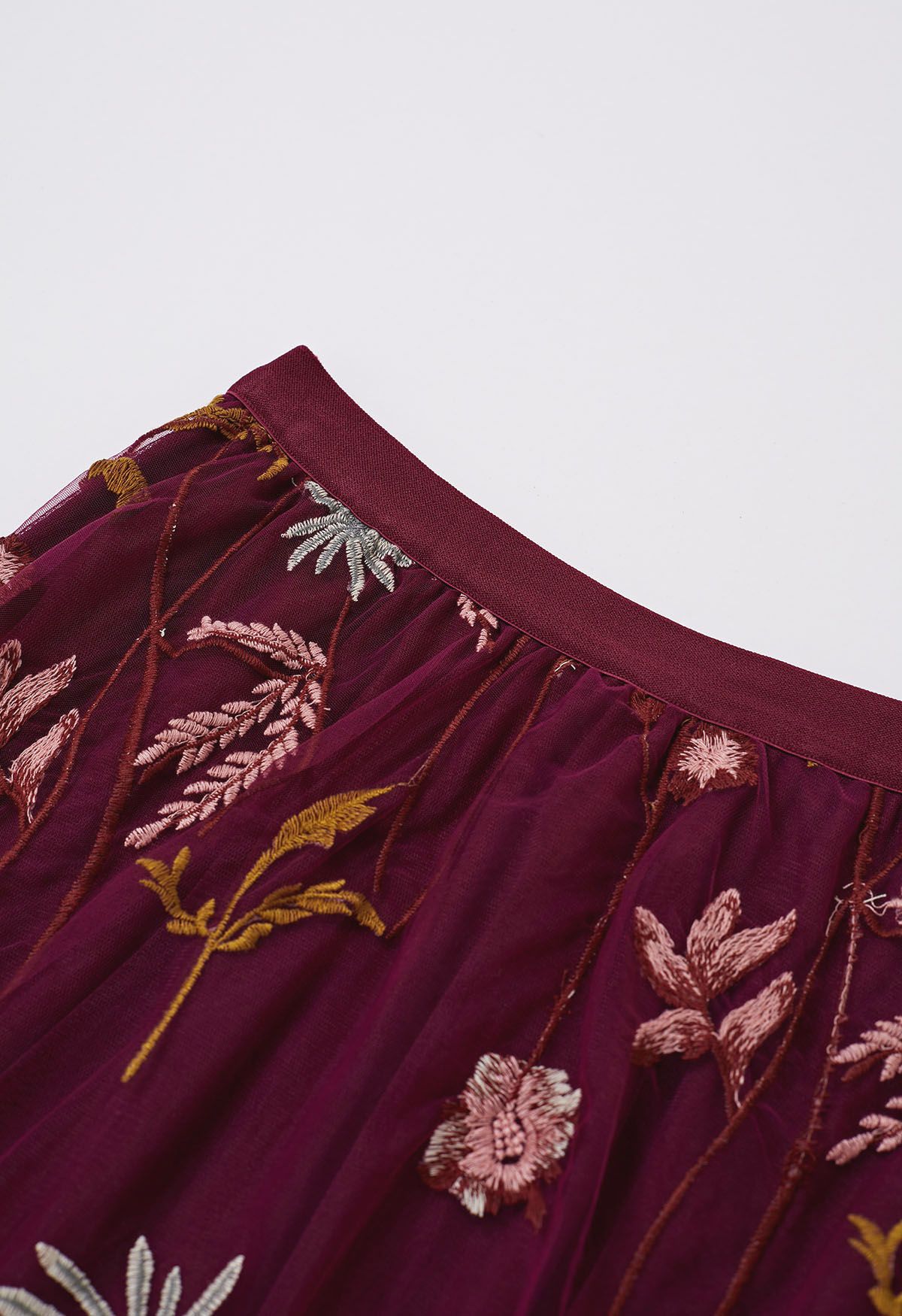 Whimsical Flowers Embroidered Mesh Tulle Midi Skirt in Burgundy