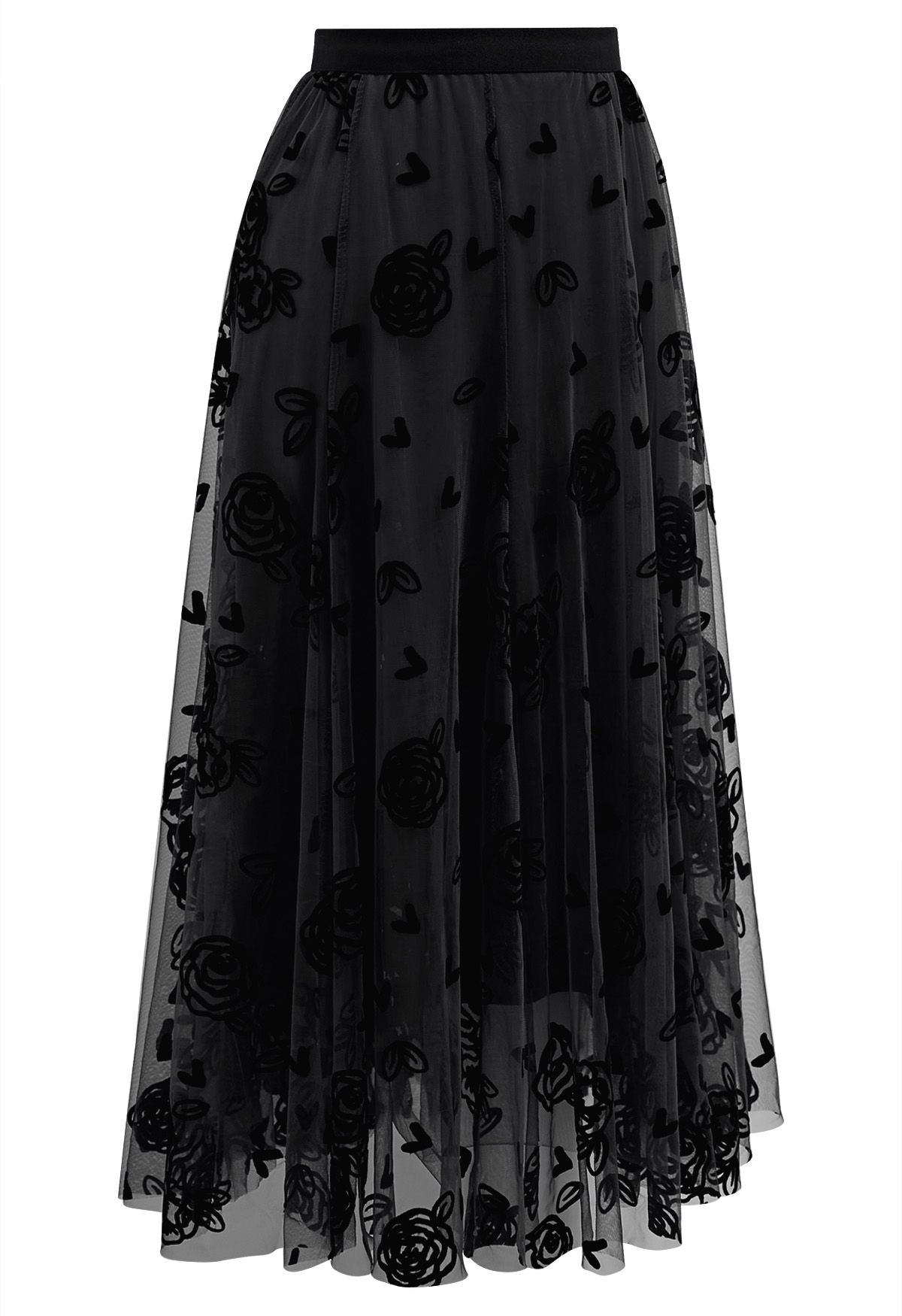 3D Rose and Heart Mesh Midi Skirt in Black