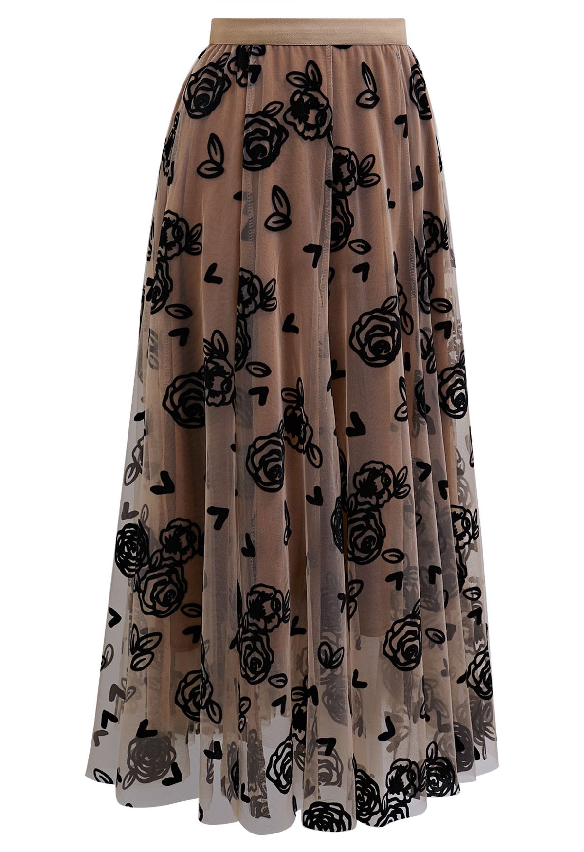 3D Rose and Heart Mesh Midi Skirt in Caramel