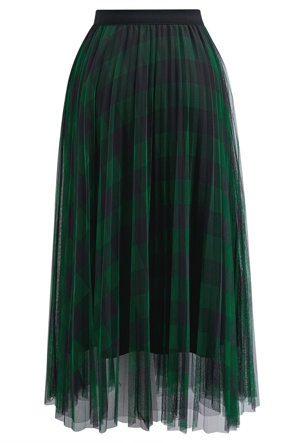 Bold Checks Double-Layered Mesh Midi Skirt in Green