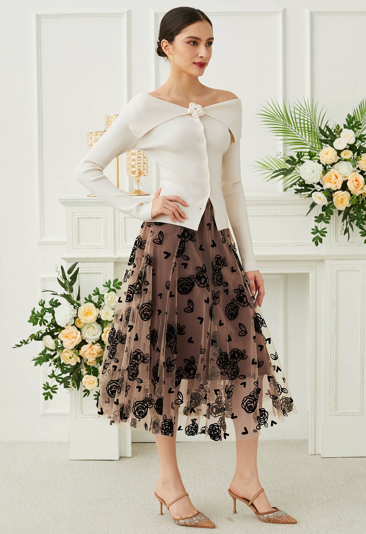 3D Rose and Heart Mesh Midi Skirt in Caramel