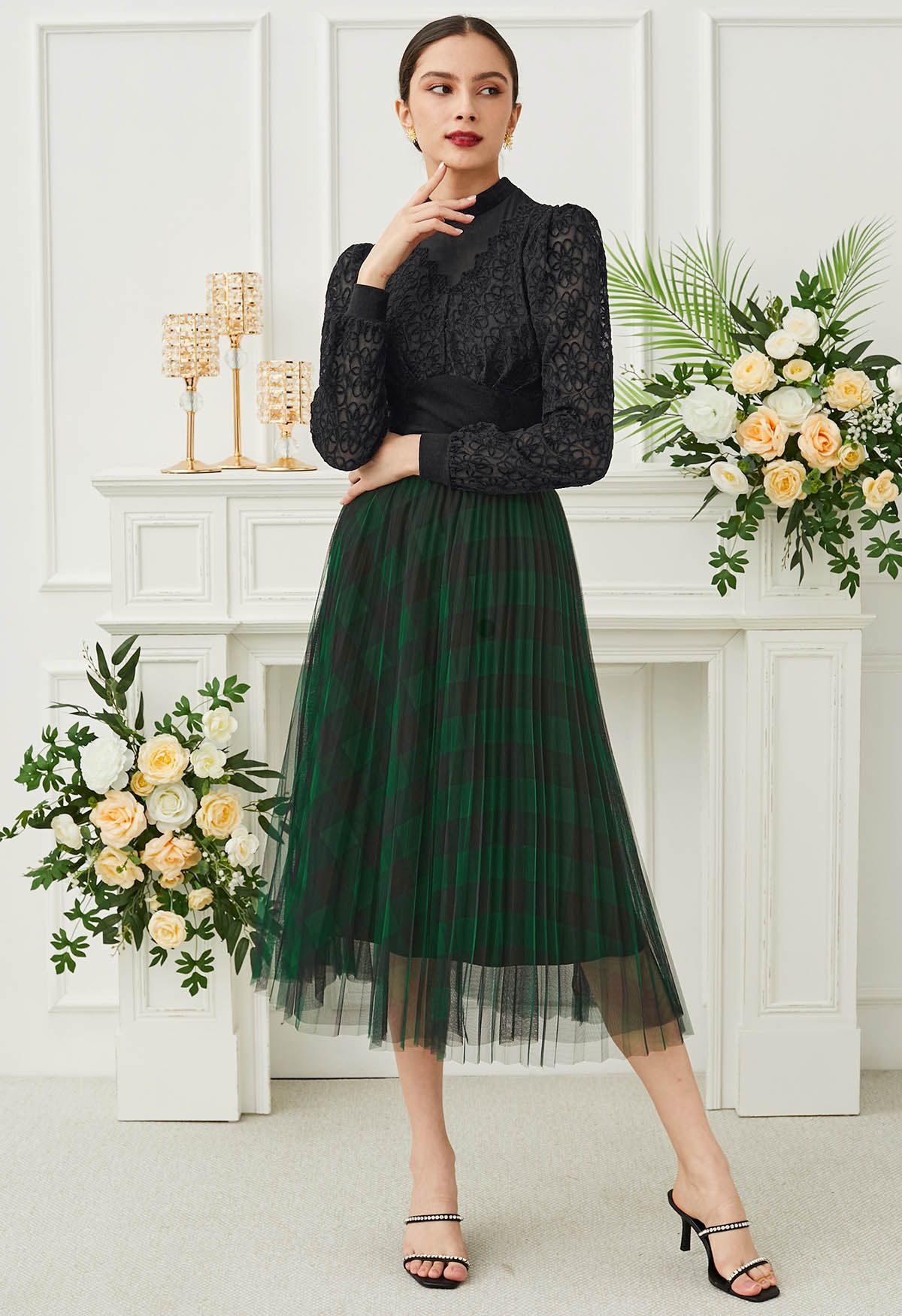 Bold Checks Double-Layered Mesh Midi Skirt in Green