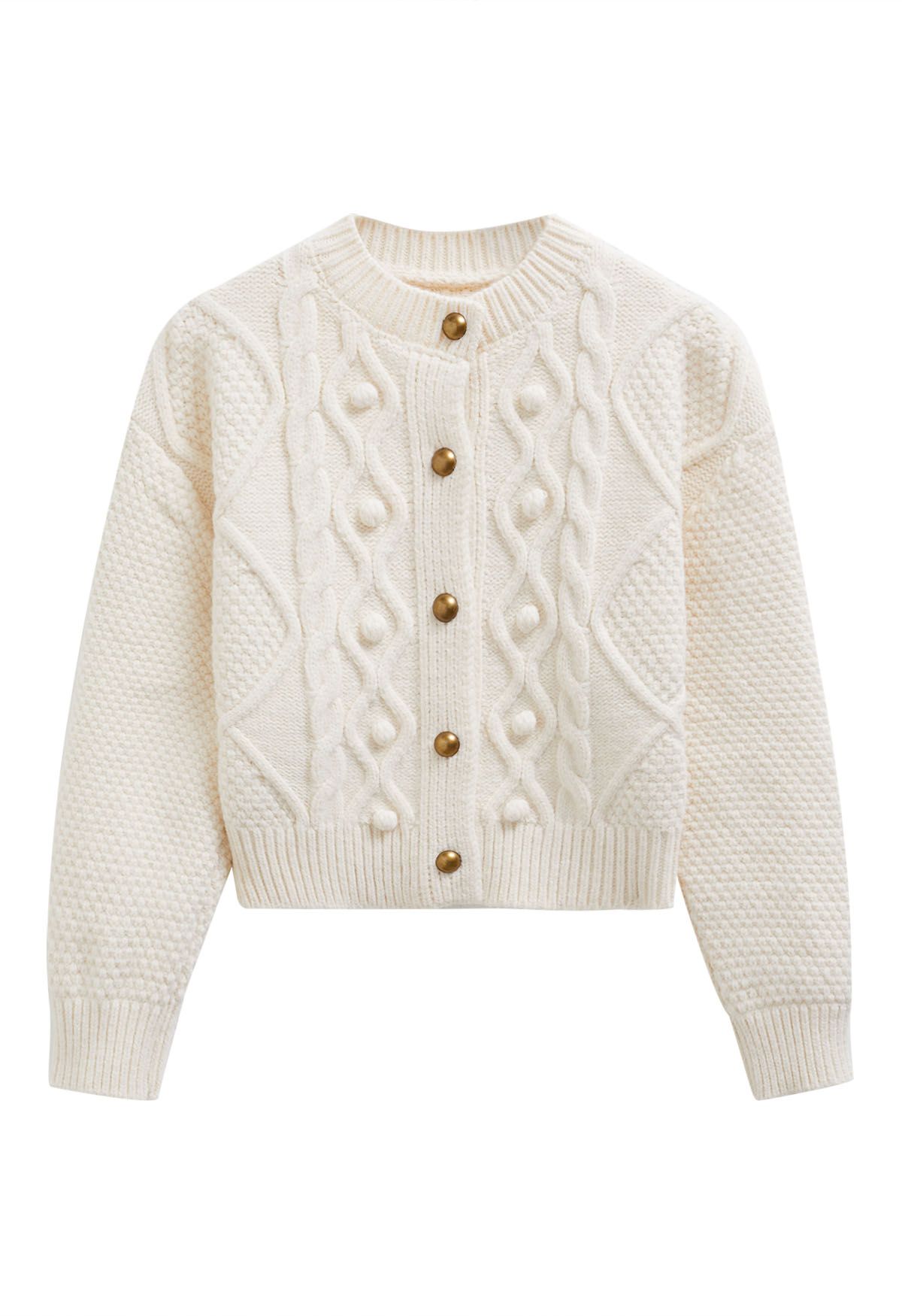 Euphoric Pom-Pom Waffle Knit Crop Cardigan in Ivory