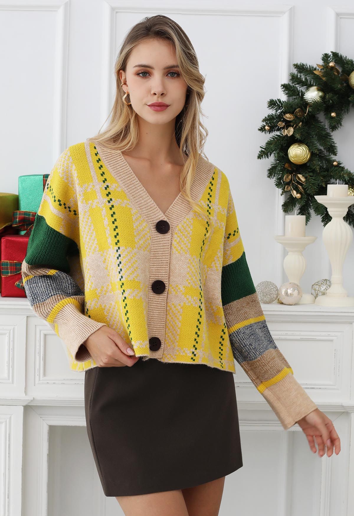 Chromatic Sleeve Button Down Crop Knit Cardigan in Yellow