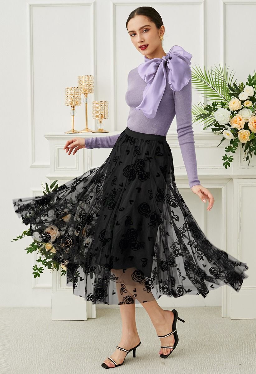 3D Rose and Heart Mesh Midi Skirt in Black