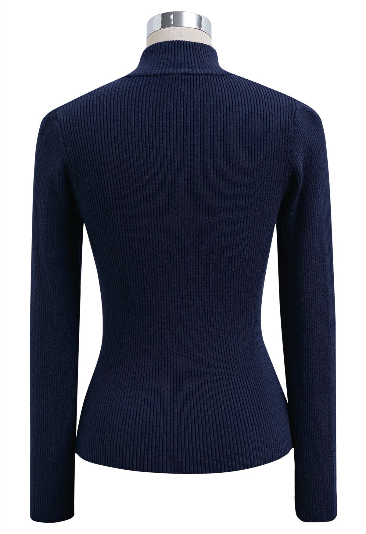 Heart Button Bowknot Ribbed Knit Top in Navy