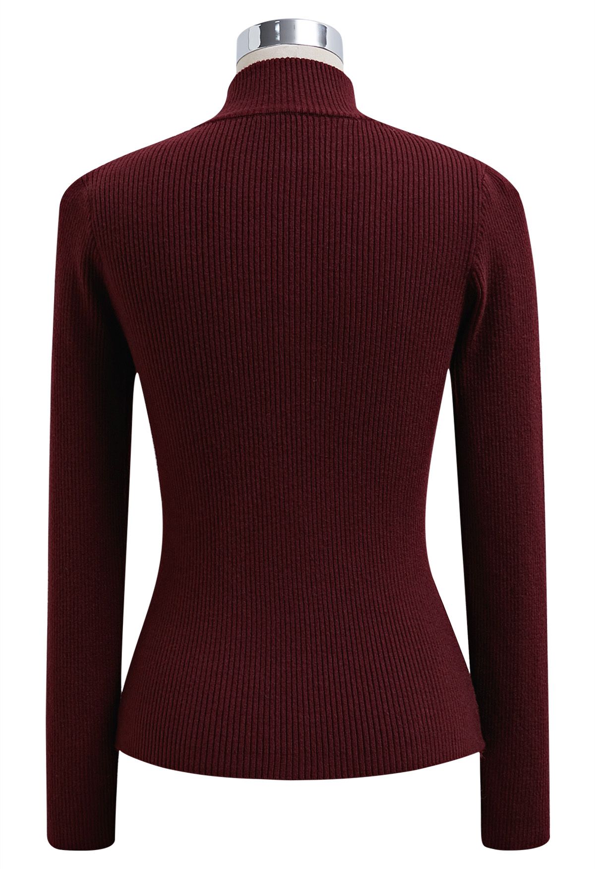 Heart Button Bowknot Ribbed Knit Top in Burgundy