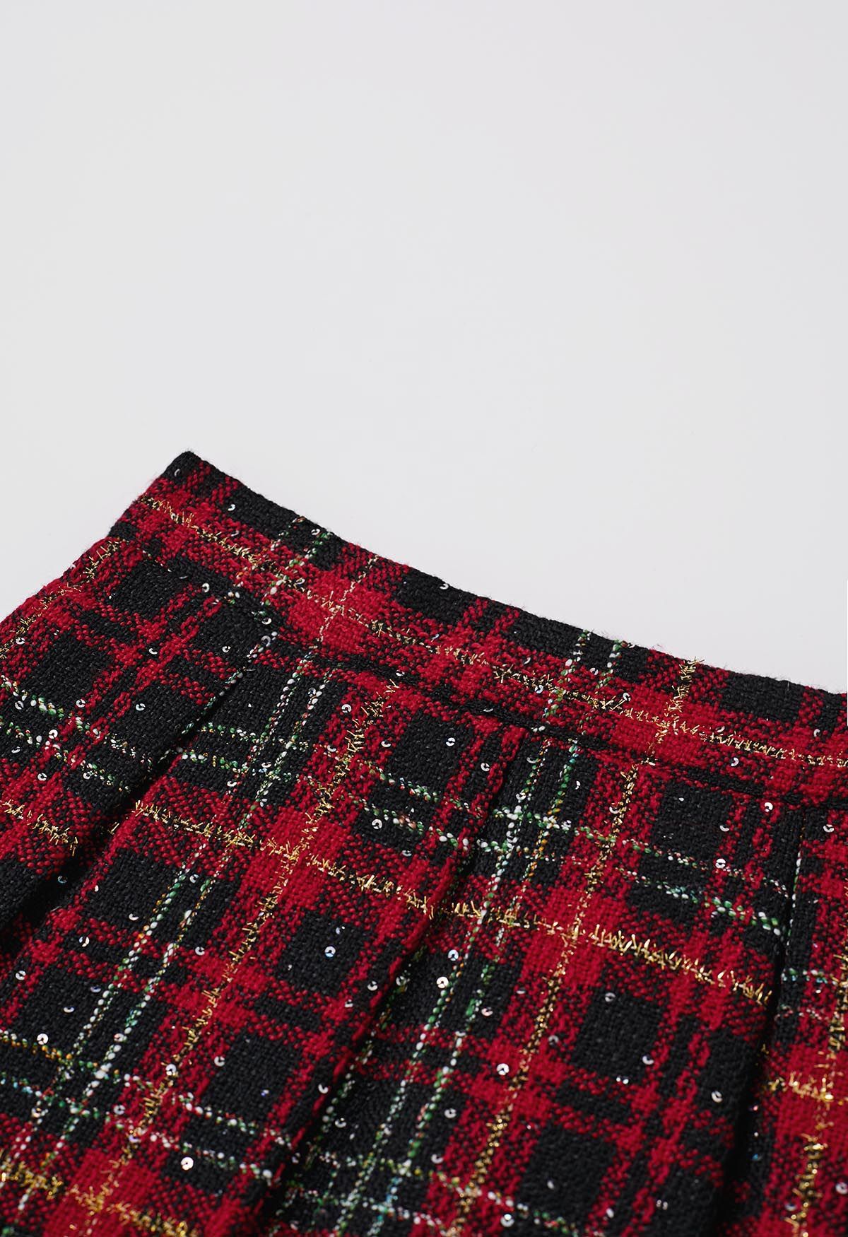 Shining Plaid High Waist Pleated Tweed Skirt in Red