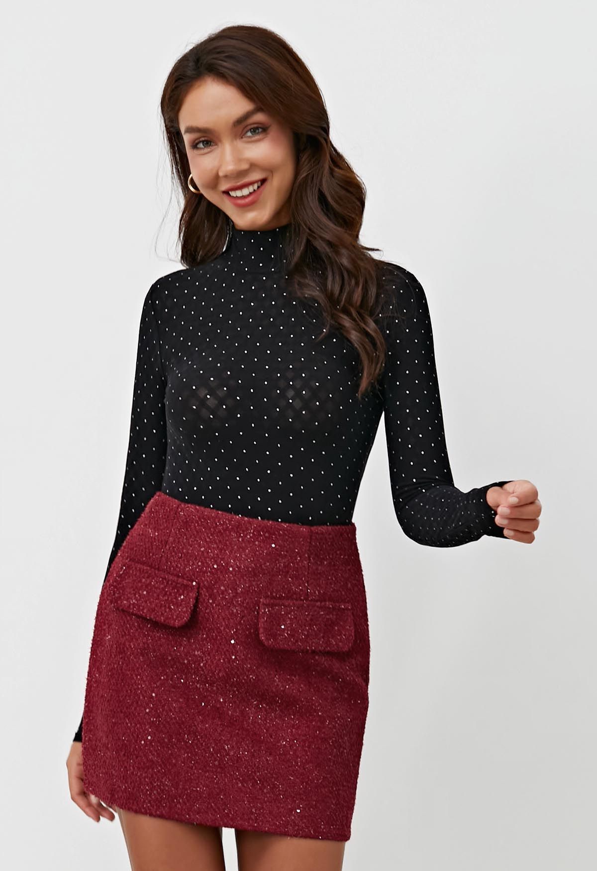 Shimmery Dots Mock Neck Fitted Top