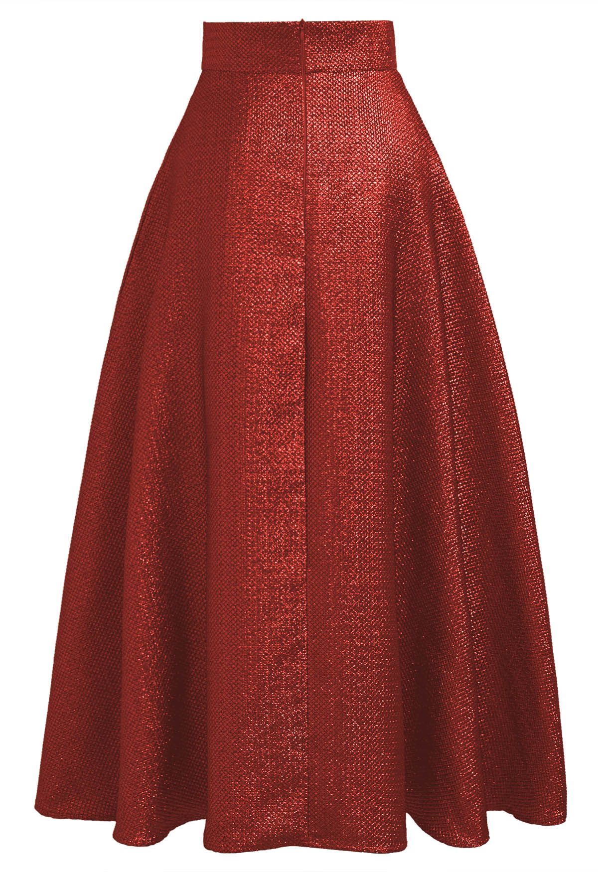 Metallic Embossed Belted A-Line Maxi Skirt in Red