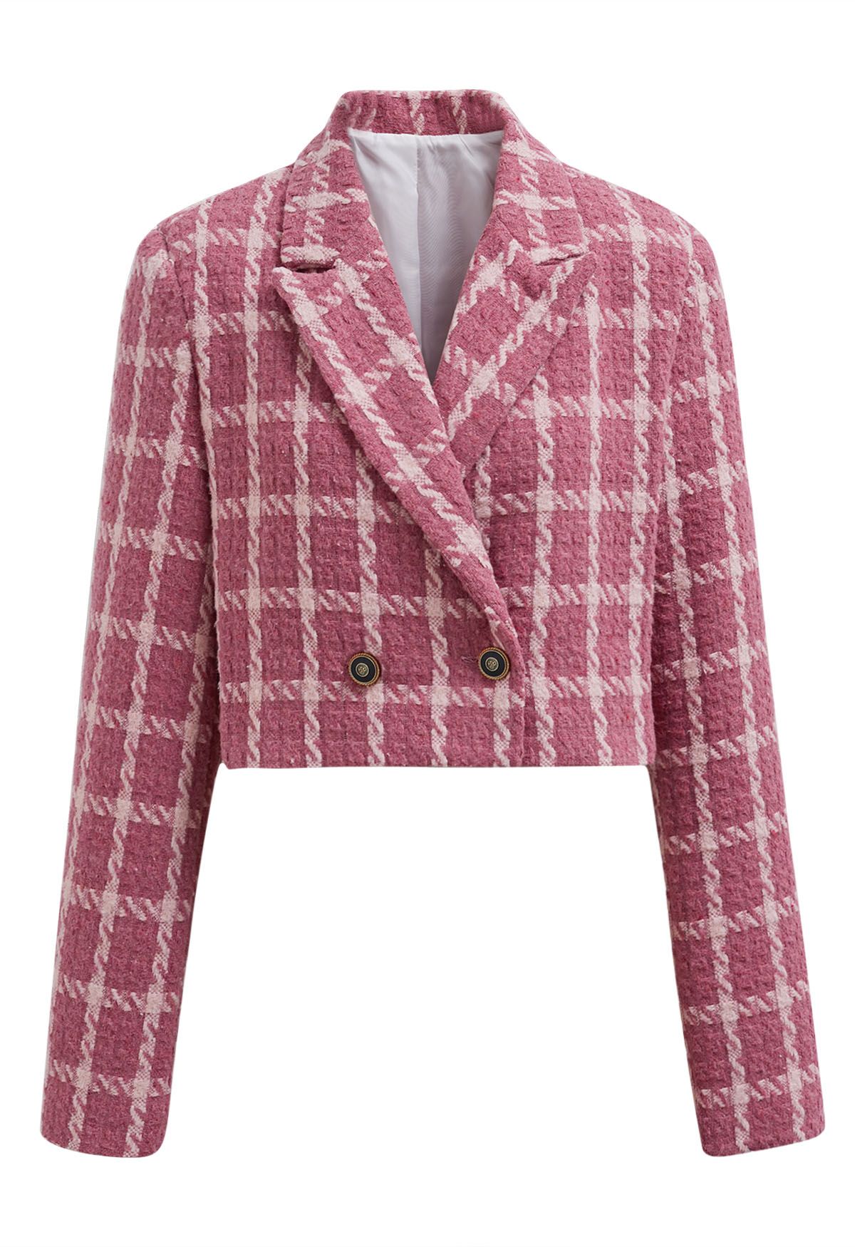 Check Tweed Padded Shoulder Cropped Blazer in Pink