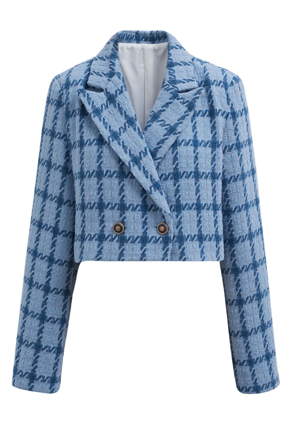 Check Tweed Padded Shoulder Cropped Blazer in Blue